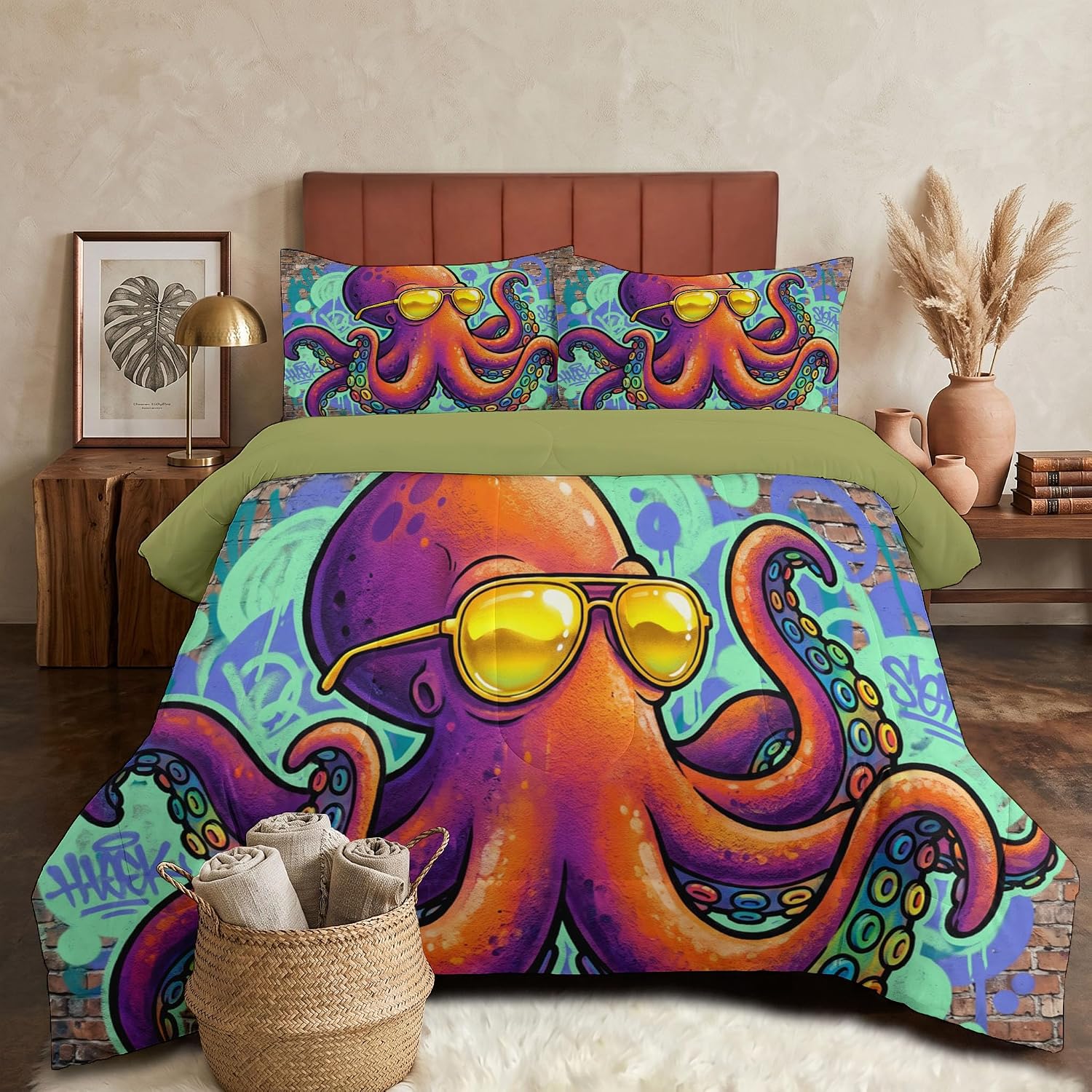 Graffiti Style Comforter Set Twin Size, Octopus Illustration Print Breathable Bedding Set for Girls Boys Teens, Orange-Red Quilt Duvet with 2 Pillow Cases