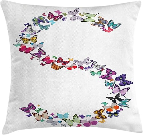 Ambesonne Funda de cojín con letra S, letra S mayúscula S, compuesta por mariposas exóticas de varios colores, funda de almohada cuadrada