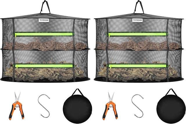 VIVOSUN 2-Layer Mesh Drying Rack Hanging Design with Green Zippers for Dehydrating, Indoor and Outdoor Pruning Shears Included (Pack of 2)