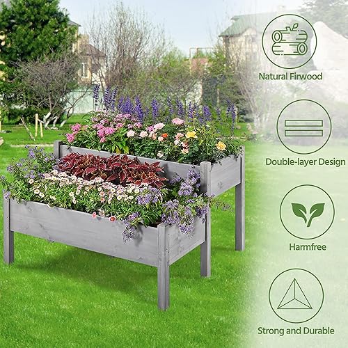 Miniatura 6 de Yaheetech Cama de jardín elevada de madera de 47 x 41 x 30 pulgadas, para horticultura, para exteriores, 2 niveles, maceta elevada para hierbas con