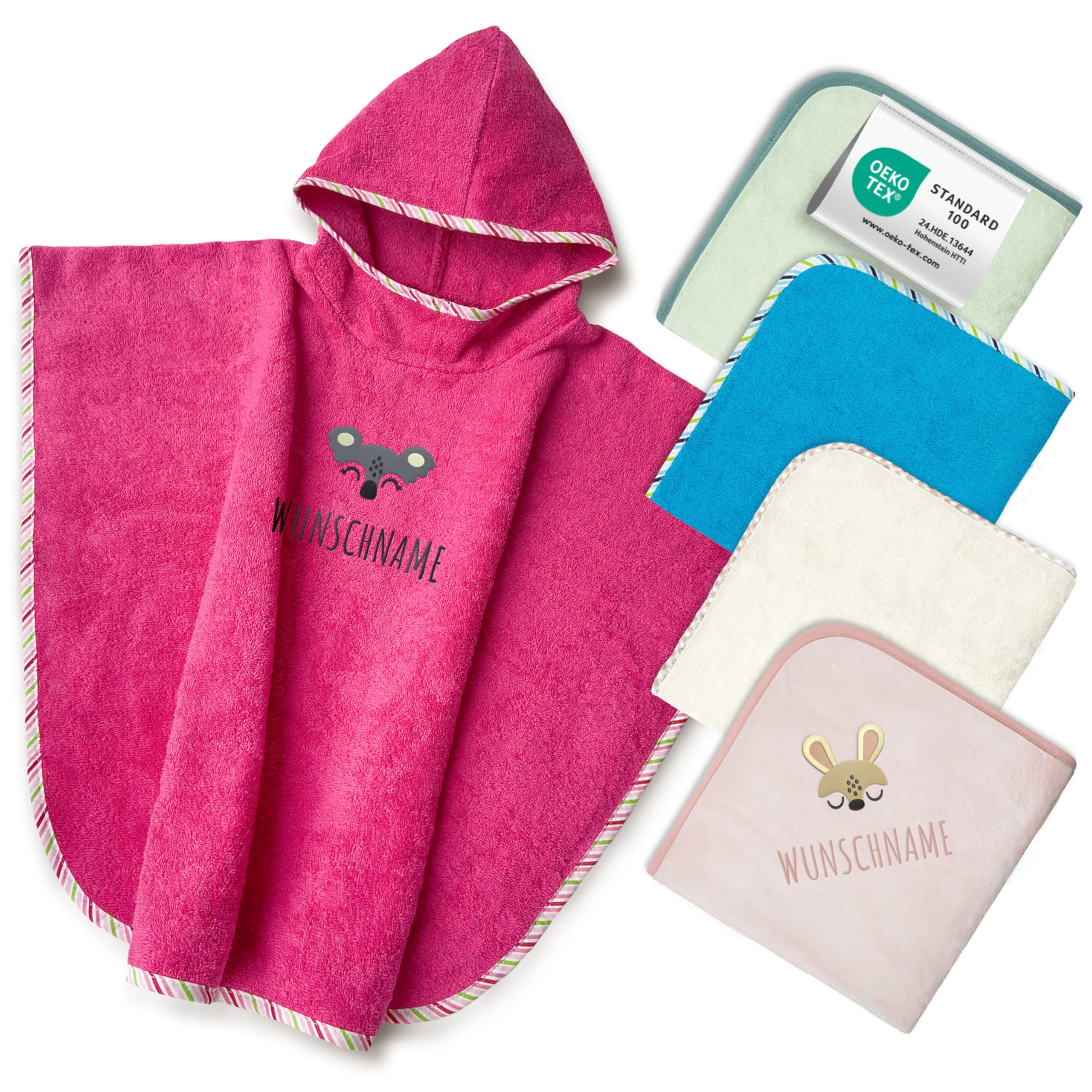 my STITCHERY Badeponcho Kinder mit Namen Bestickt, Oeko-TEX® Standard 100 - Personalisiertes Kapuzenhandtuch aus Reiner Baumwolle mit gesticktem Namen und Motiv (Pink)