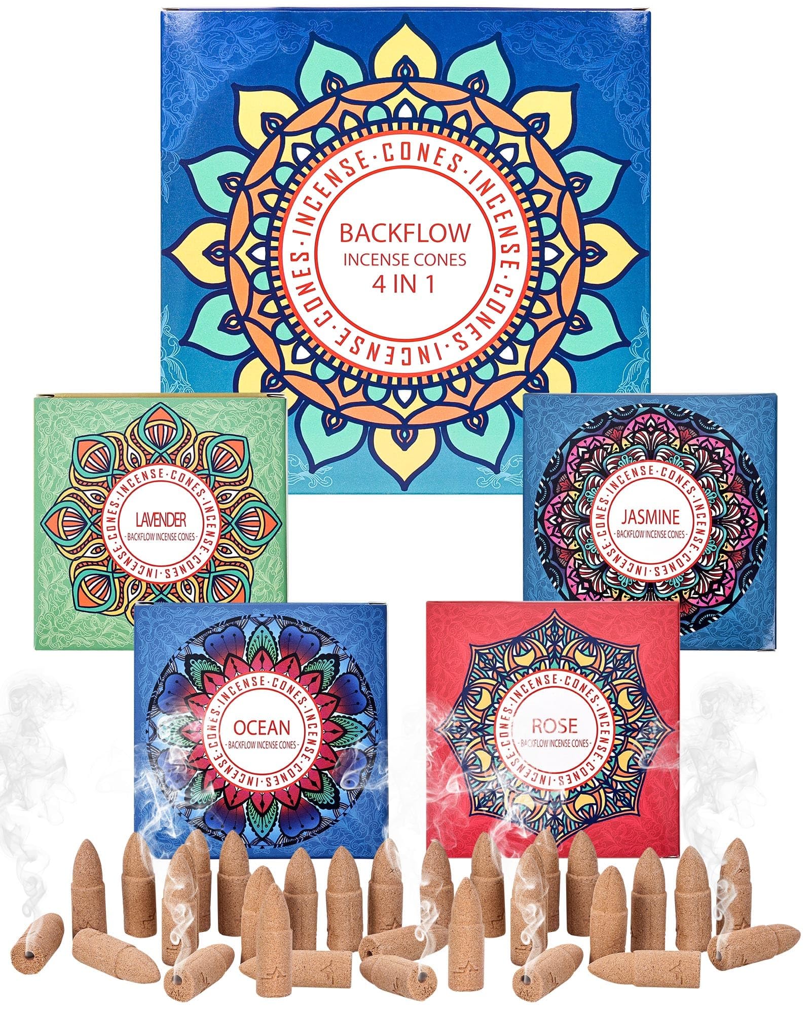 Backflow Incense Cones Gift Set Rose, Jasmine, Ocean, Lavender Variety Pack - 60 Large Back Flow Incense Cones Scented