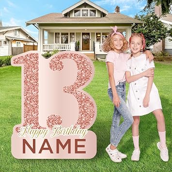 Rose Gold 13th Birthday Lawn Signs - Personalized Name, Sweet 13 Decorations with Stakes for Teen Girls Outdoor Party