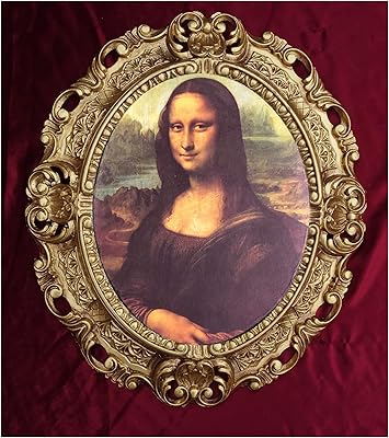 Leonardo da Vinci - Quadro con cornice barocca, 45 x 38 cm, ovale, stampa artistica da parete in stile retrò anticato, per casa, ufficio, ufficio, negozio e caffetteria (oro)