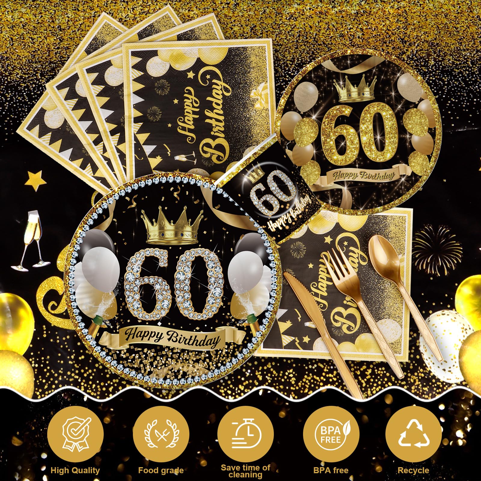 164 piezas de decoraciones de feliz cumpleaños negro y dorado, decoraciones de cumpleaños de fiesta de cumpleaños negro y dorado, suministros de fiesta de feliz cumpleaños para hombres y mujeres,