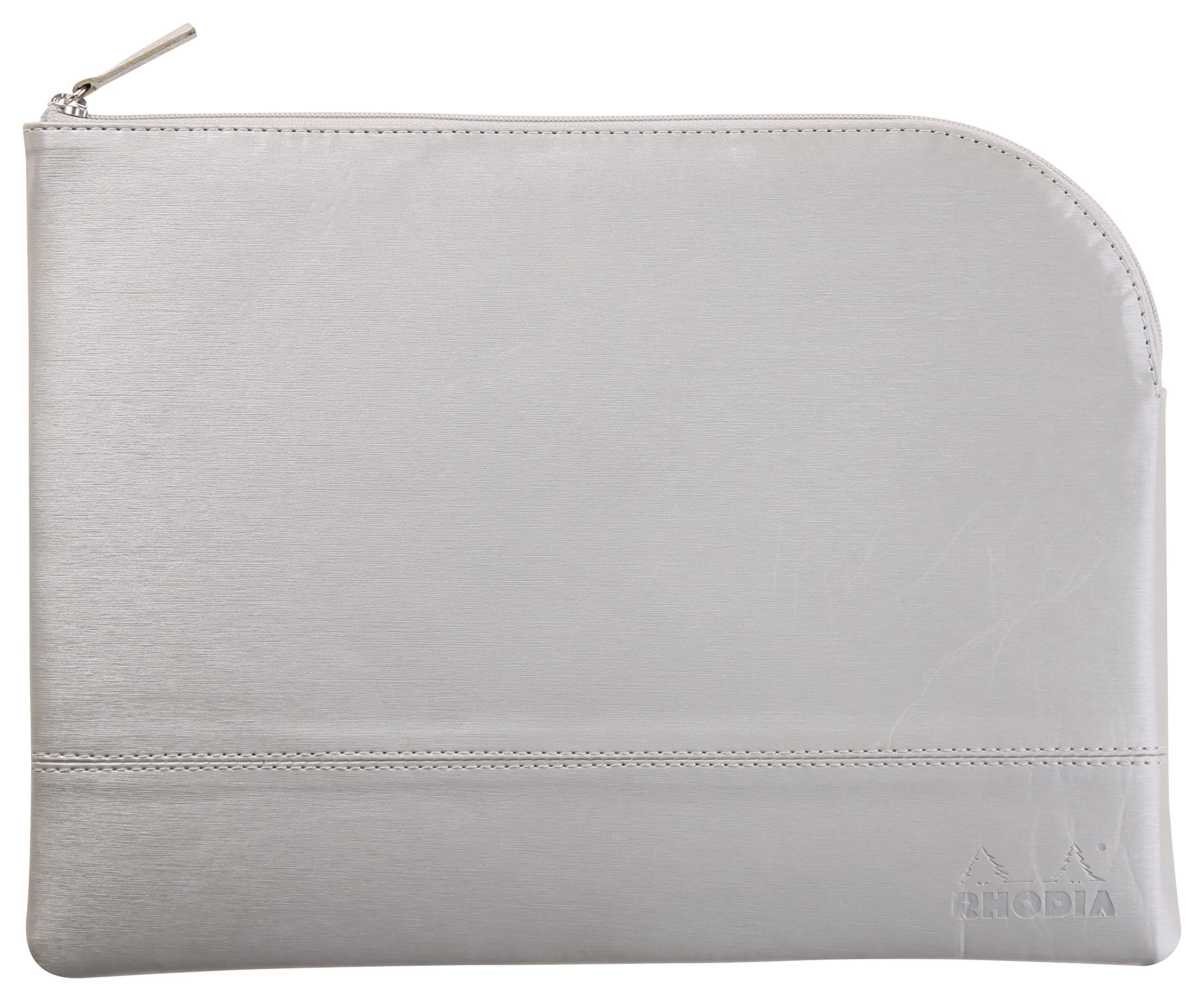 RHODIA 116721C, Leatherette Zippered Pouch, Silver, Size L (21 x 28 cm), Genuine Stitching, Orange Fabric Interior