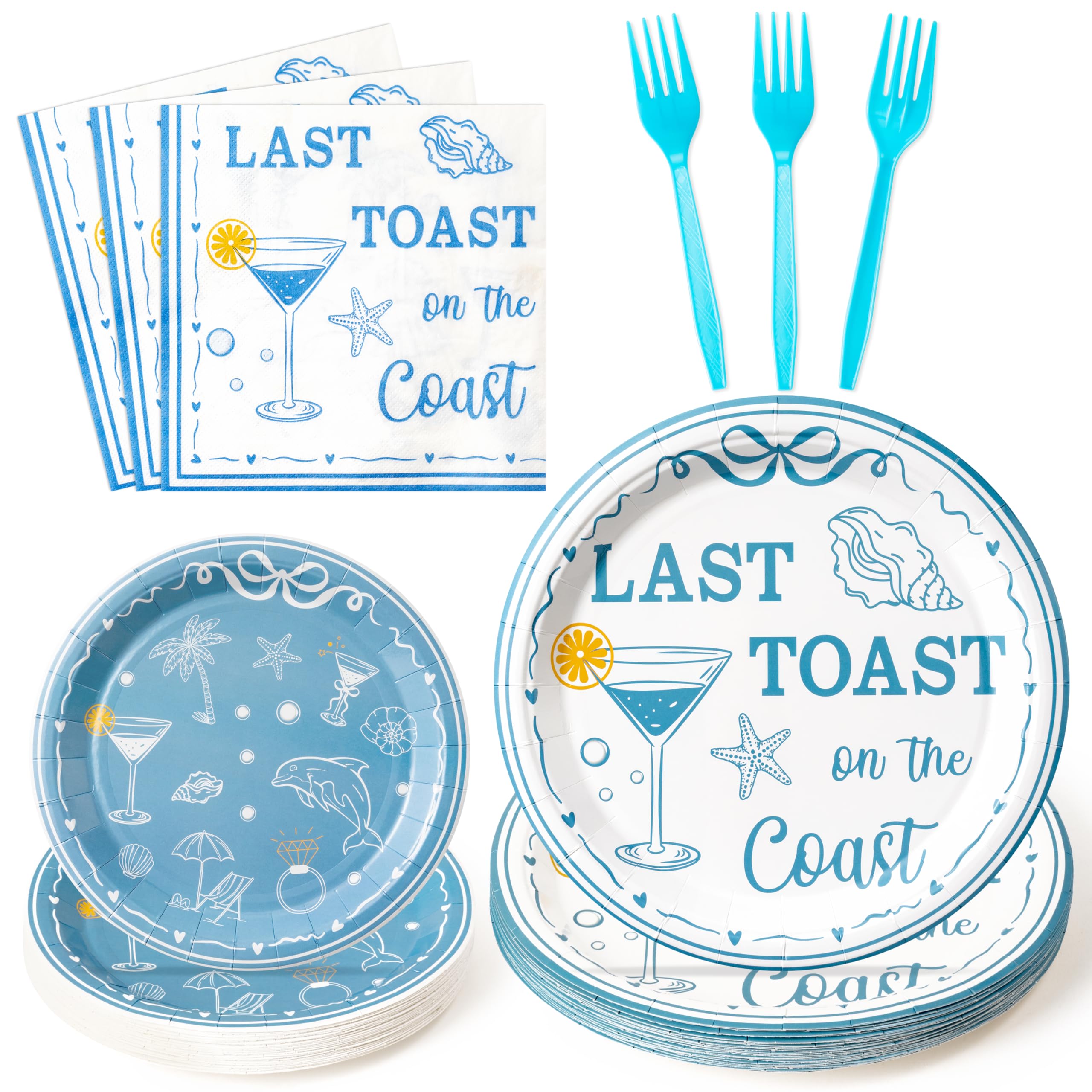 K1tpde 96PCS Last Toast On The Coast Bachelorette Party Tableware Set Included Paper Plates Napkins and Forks, Coastal Blue Bachelorette Party