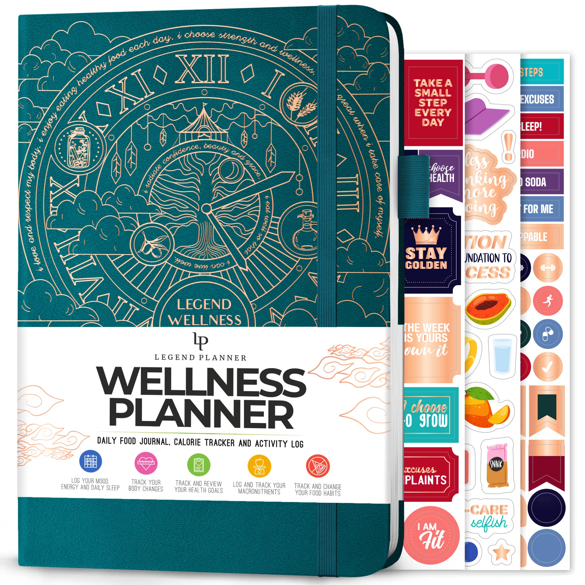 Legend Planner - Journal du bien-être et de l’alimentation - Journal quotidien de diététique, de santé et de fitness - Journal de style de vie - Durée 6 mois, format A5 - Sarcelle Foncé
