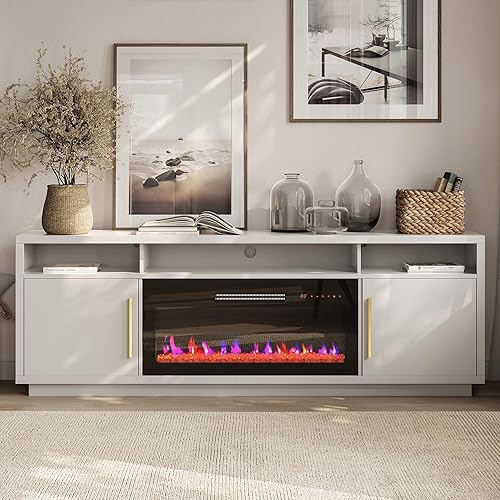BELLEZE 79" Fireplace TV Stand for TVs Up to 85" with Cat Litter Box,LED Light Entertainment Center Wiith 36" Electric Fireplace and Graphene Heating, Large Media Console for Living Room, White