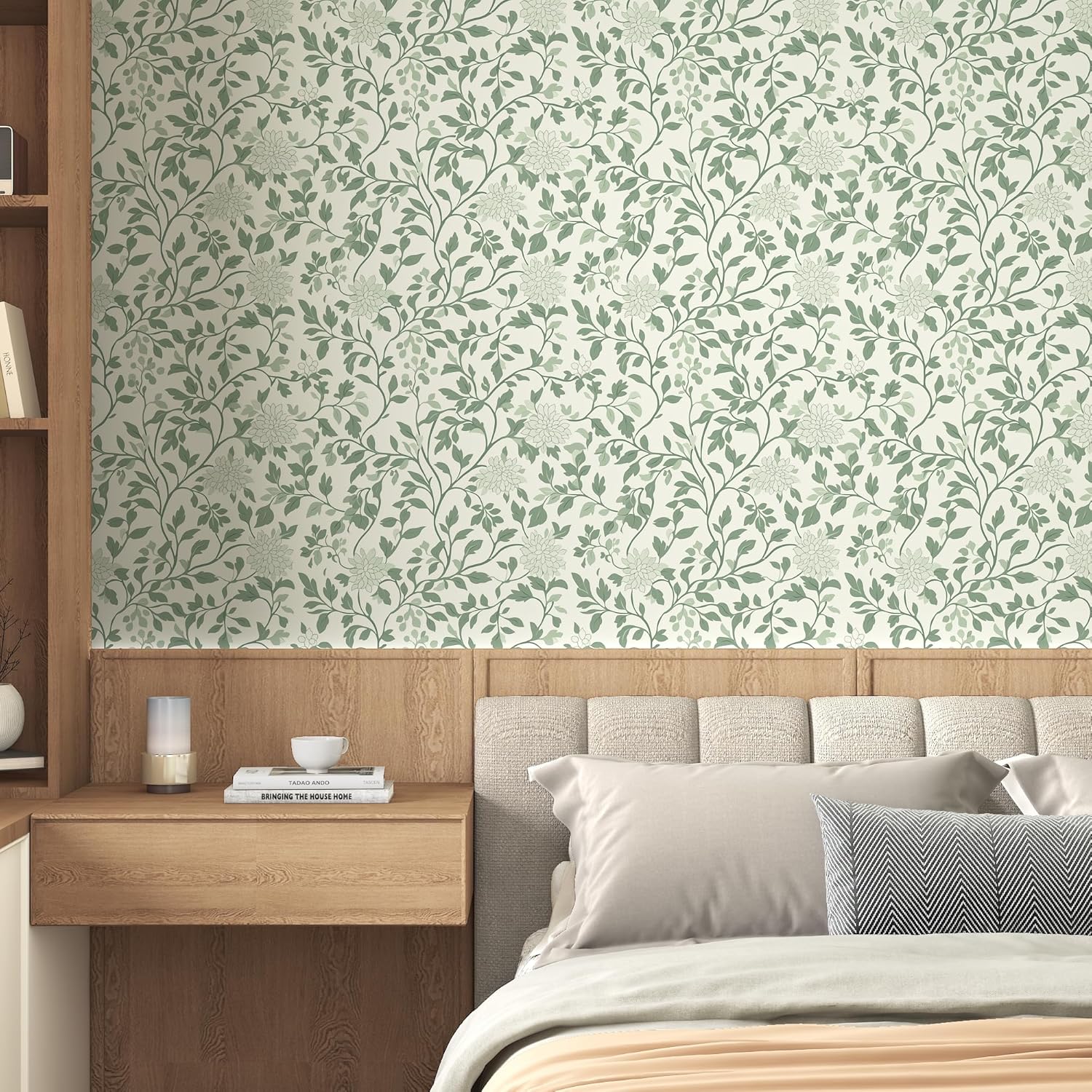 Leaf Peel and Stick Wallpaper Boho Contact Paper 17.3"x393" Green and Beige Floral Wallpaper Self Adhesive Removable Wall Paper Bathroom Decoration Wallpapers for Bedroom Vinyl Roll