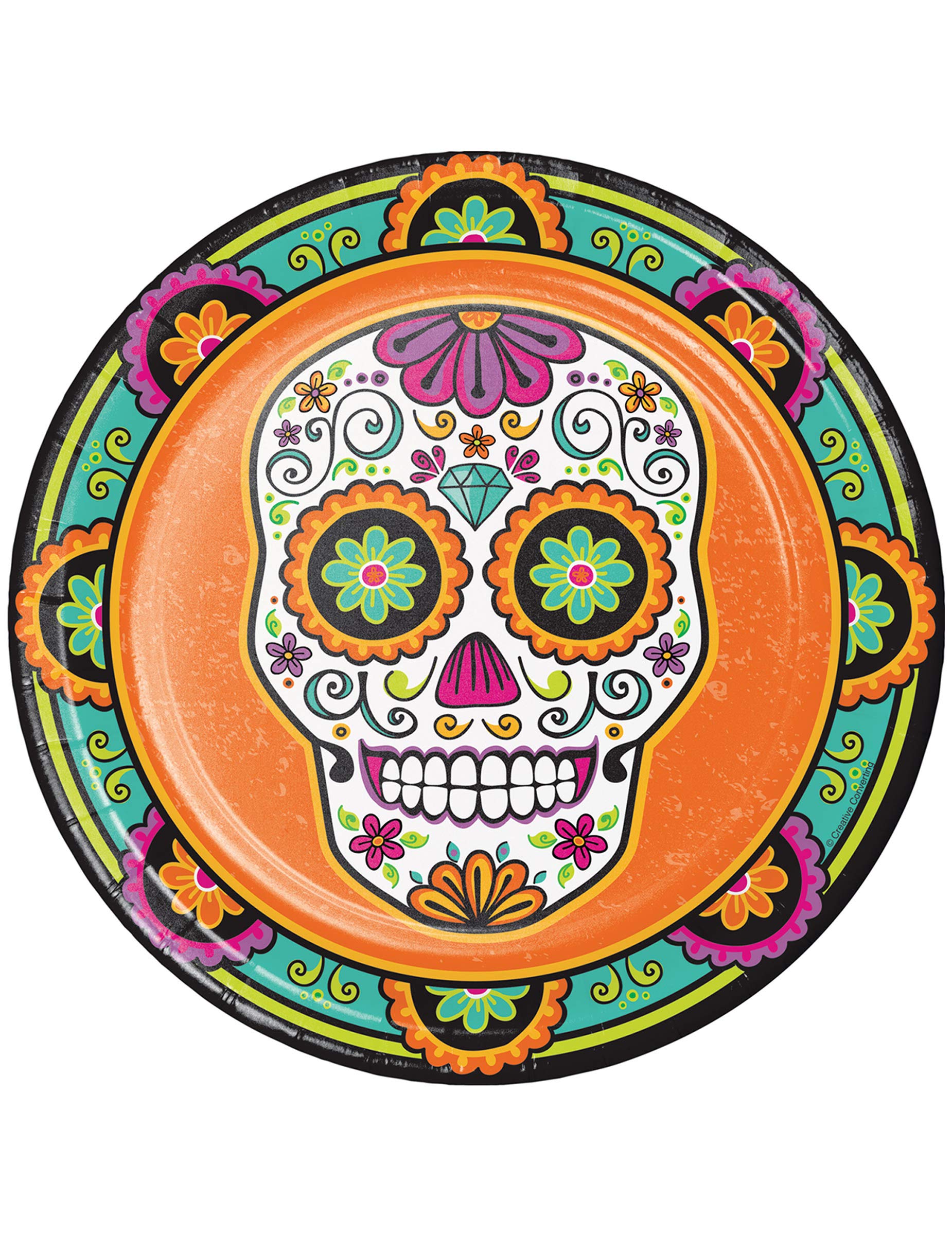 8 Assiettes en carton Dia de Los Muertos orange vaisselle jetable Halloween pas cher