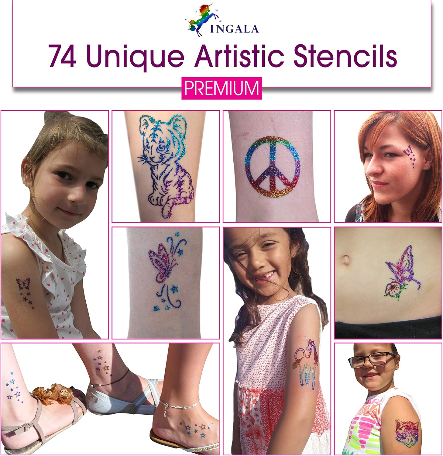 INGALA Temporary Glitter Tattoos Kit - 74 Stencils, 2 X 15ml Premium Body Glue, 16 X 5g Stunning Glitters for Girls, Teenage and Woman