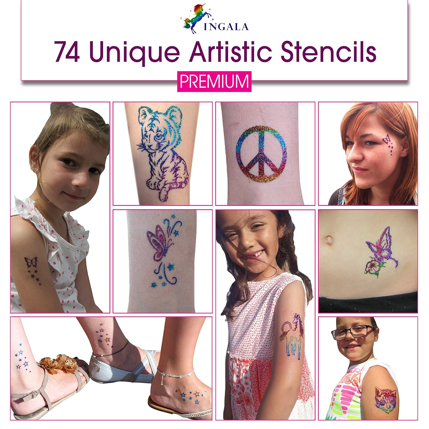 Premium Glitter Temporary Tattoo Kit for Girls, 74 Stencils, 16 Colors and 2X 0.5 fl.oz Body Glue for Body Glitter Fake Tattoos Makeup Tattoo Supplies Party Favors Party Supplies for Girls