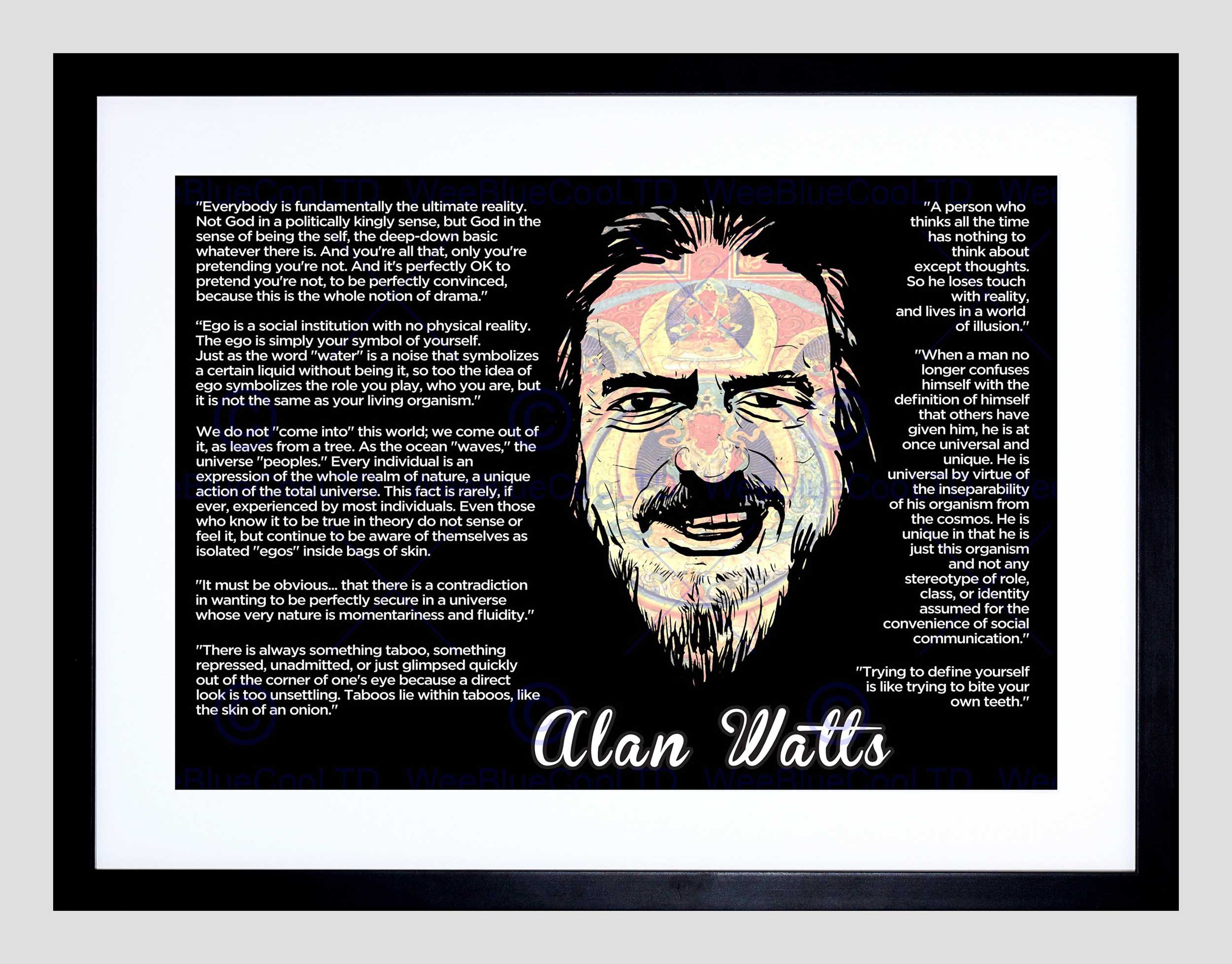 Stampa D'Arte Incorniciata Wee Blue Coo – Alan Watts Citazione 'Everybody Fundamentally Ultimate' – Legno, 30x41 Cm