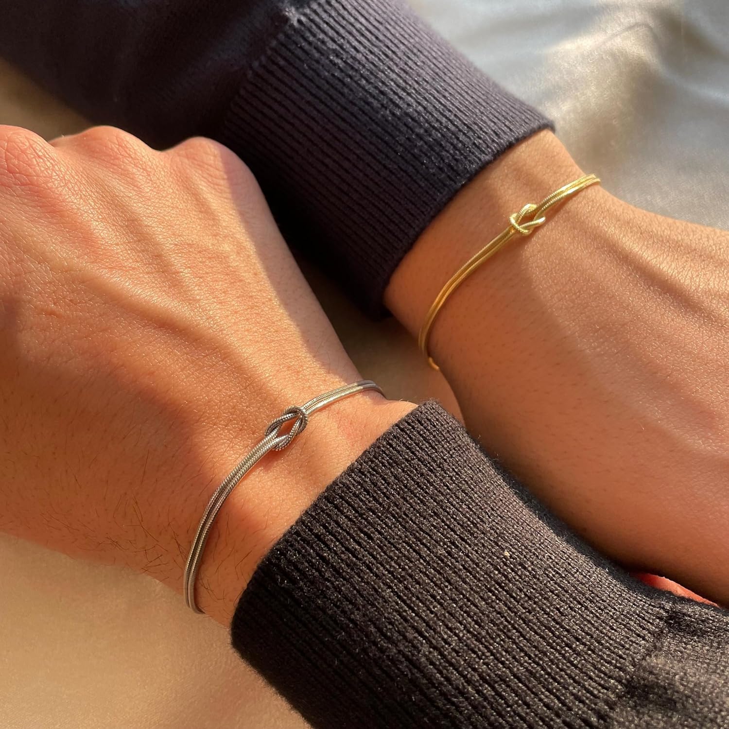 Matching Bracelets for Couples，Dainty Gold Love Knot Bracelet 14K Gold Plated Herringbone Chain Bracelet Relationship Jewelry Gifts for Best Friend - Image 4
