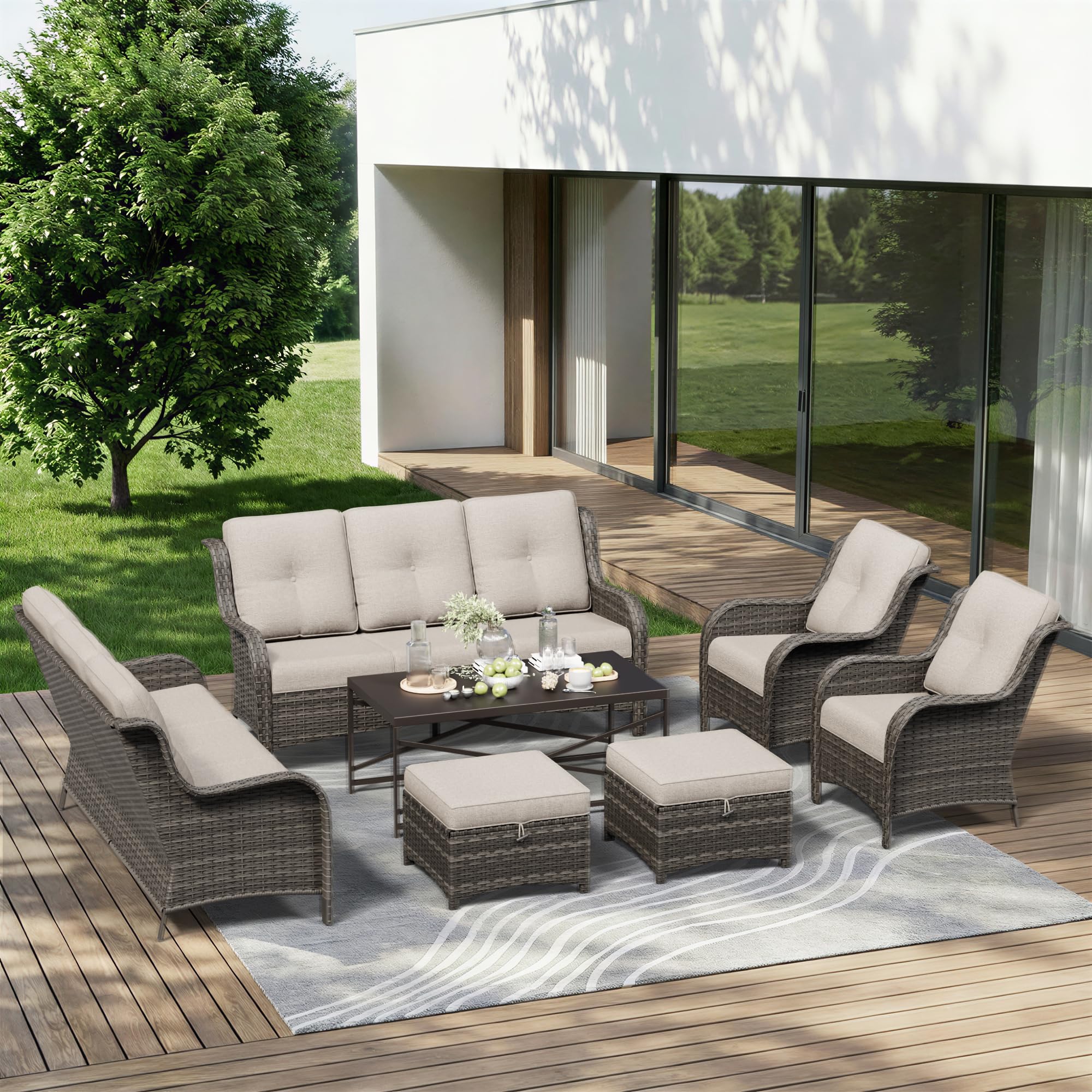 7 Piece Outdoor Wicker Patio Furniture Set, Patio Chairs Set with Thickened Olefin Cushions, High Back and Deep Seating, Hand-Woven PE Rattan, Ottoman for Porch, Deck