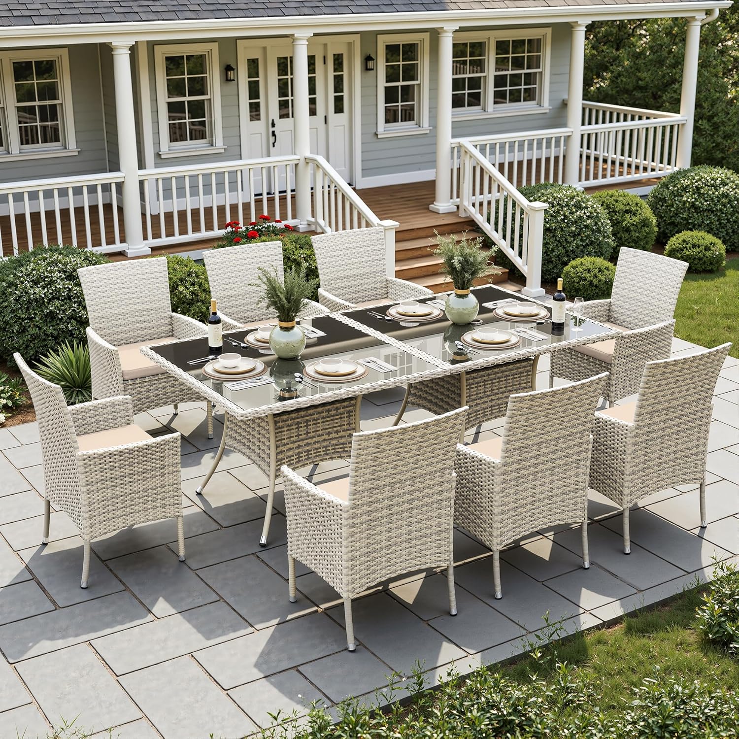 10-Piece Patio Dining Set, Patio Furniture Set with Square Tempered Glass Table & 8 Wicker Chairs, Expandable Design for Larger Groups, Outdoor Furniture for Backyard, Deck, Garden, Beige