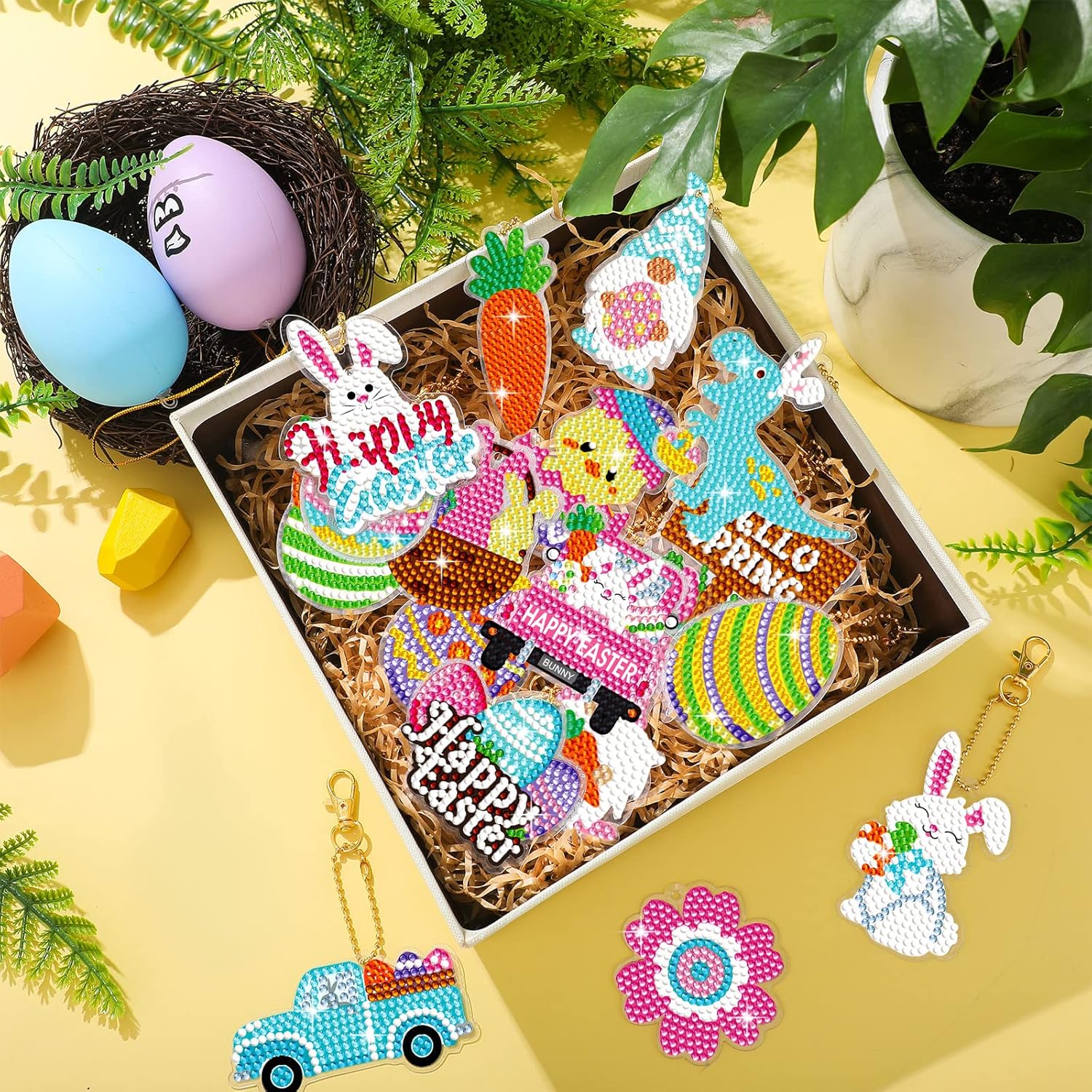 Panelee 48 Pieces Easter Diamond Art Keychain DIY Diamond Art Kits Easter Egg Hanging Ornaments for Kids Crafts Family Decor(Bunny)