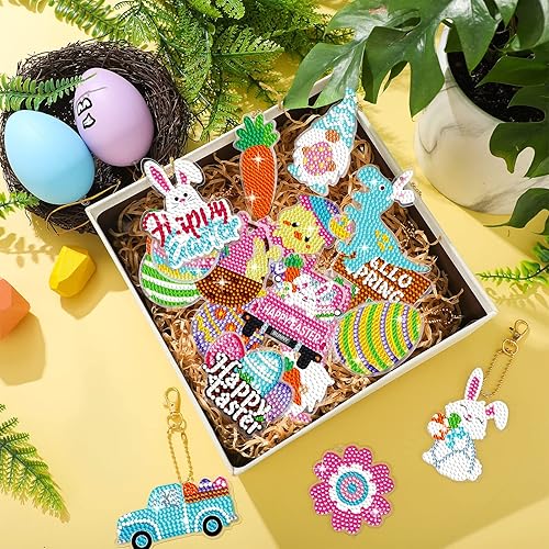 Miniatura 2 de 48 piezas de llavero de pintura de diamantes de Pascua 5D kit de pintura de diamantes de conejo de Pascua manualidades adornos colgantes para niños
