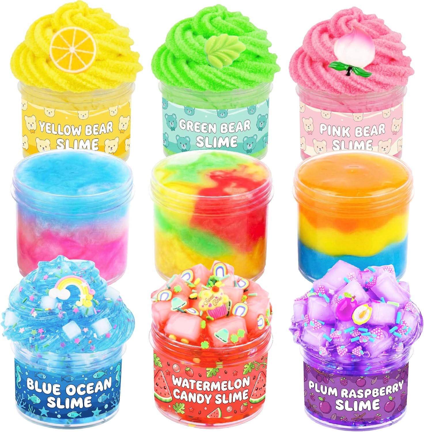 9 Pack Cloud Slime Kit with Jelly Cube, Crunchy, Galaxy Slime, Scented DIY Putty, Cute Charms, Gifts for Girls and Boys