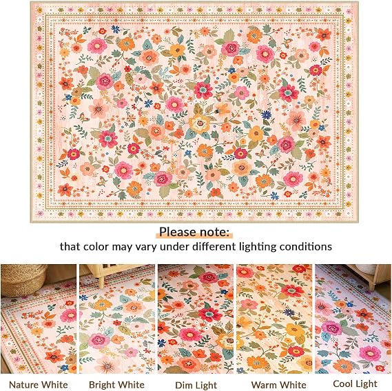 INOVADAY Washable Rug Floral Print 90x150 cm Pink/Beige Living Room Rug