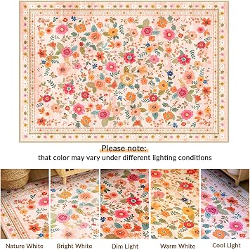 INOVADAY Washable Rug Floral Print 90x150 cm Pink/Beige Living Room Rug