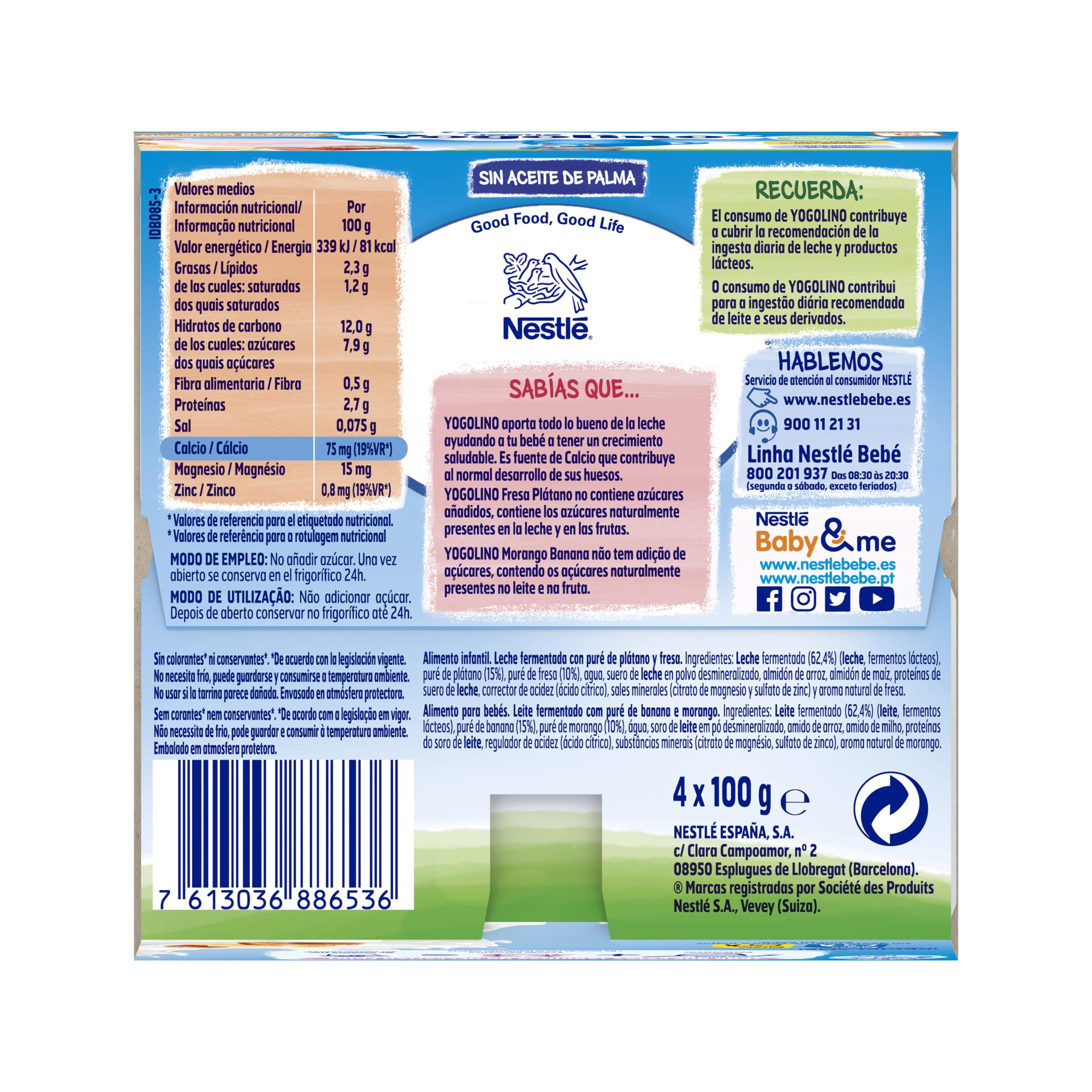 Nestlé Yogolino Fresa Plátano sin Azúcar Añadido, 8+ Meses, 4 x 100g