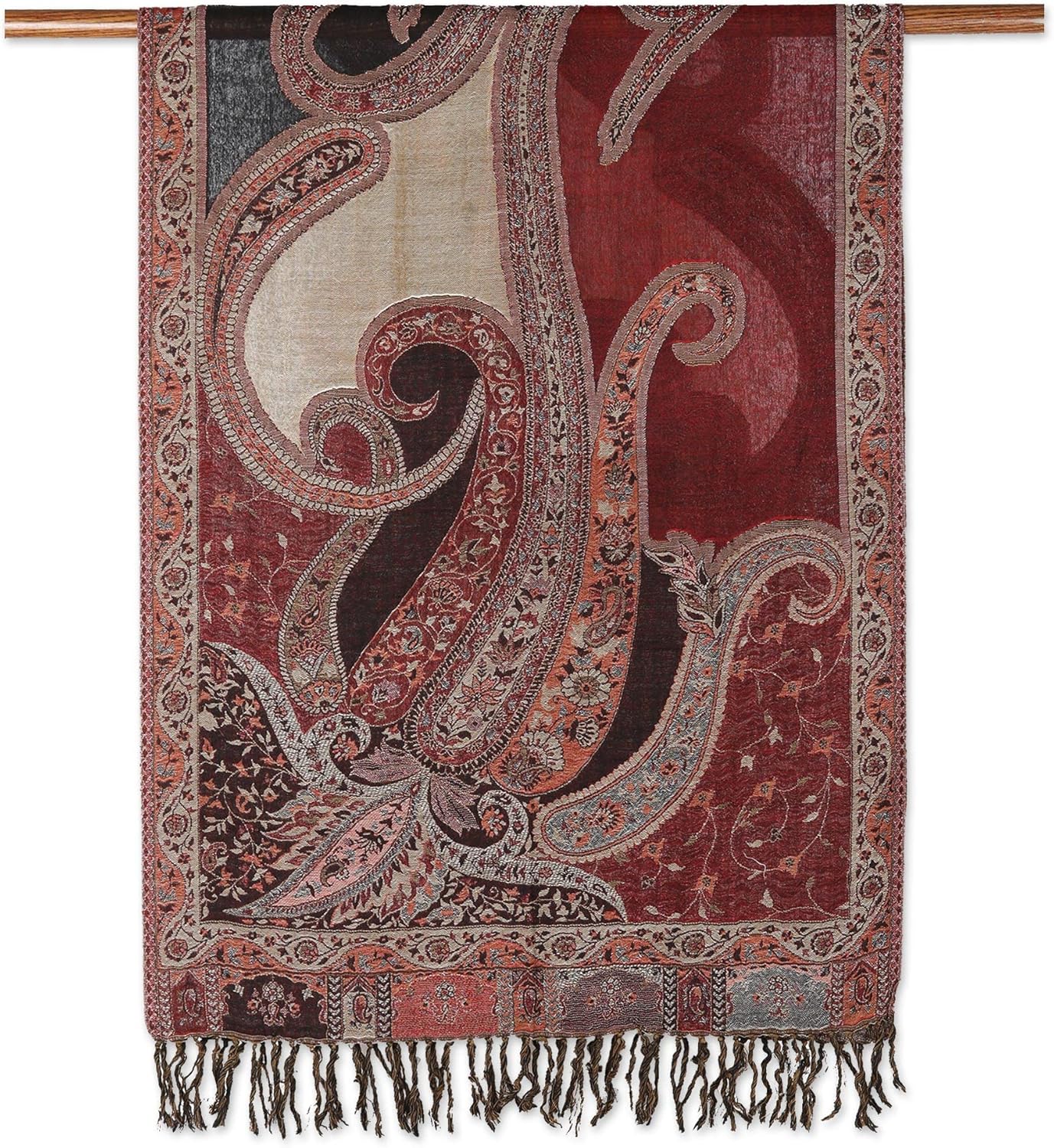 NOVICA Artisan Handmade Jamawar Wool Shawl Indian with Paisley Motifs Accessories Shawls Burgundy Multicolor Jamawarjaquard Woven ' Himalayan Heirloom'