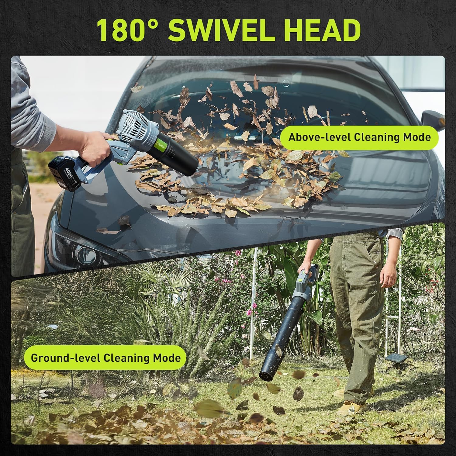 Leaf Blower Cordless, Swivel Head Design, 550 CFM Electric Blower w/2 Pcs 4.0 Ah Battery & Charger, Lightweight 3.7 Lbs Handheld Mini Leaf Blower, 5-Speed Blowers for Lawn Care Car Patio Yard