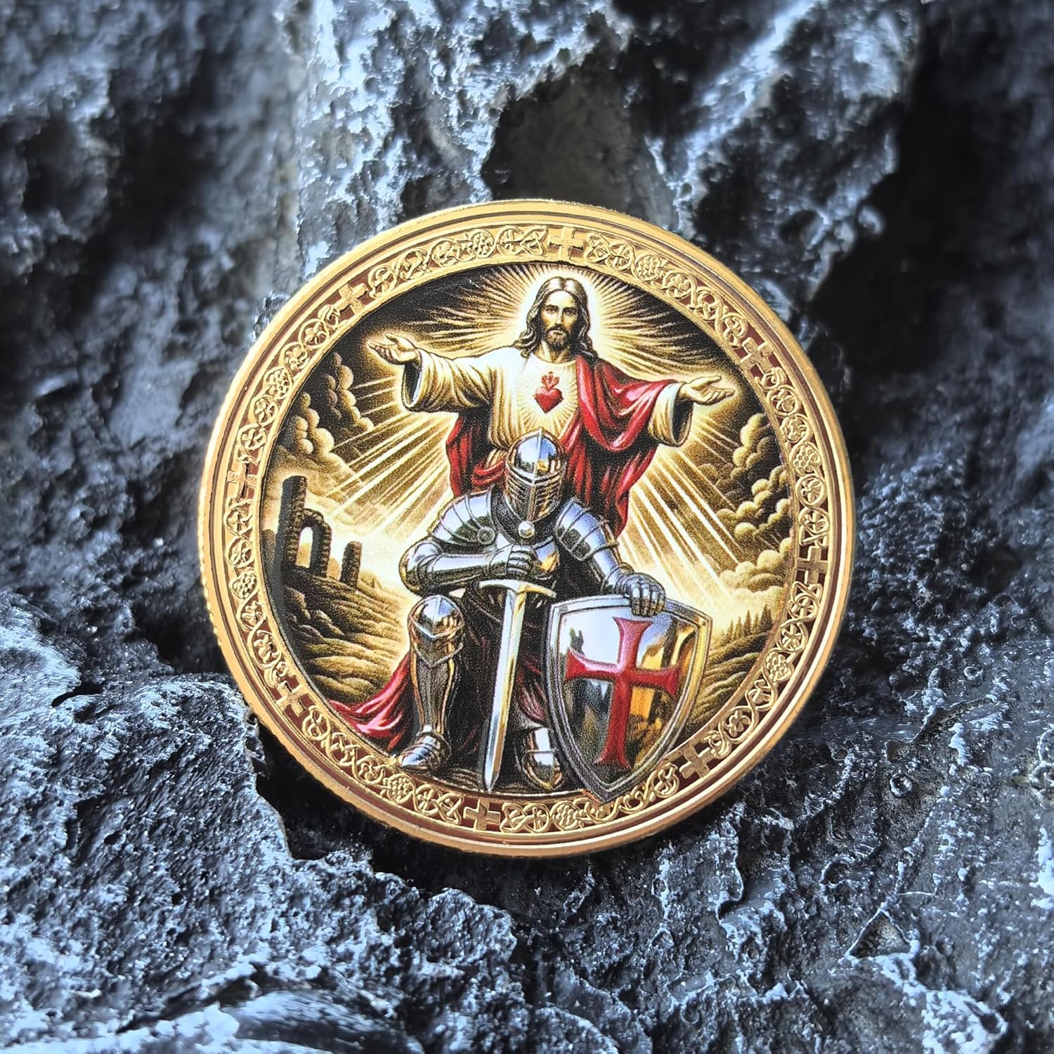 Knight of Christ Challenge Coin – Armor of God Religious Token with Jesus & Knight Design, Christian Faith Inspirational Metal Token in Protective Case