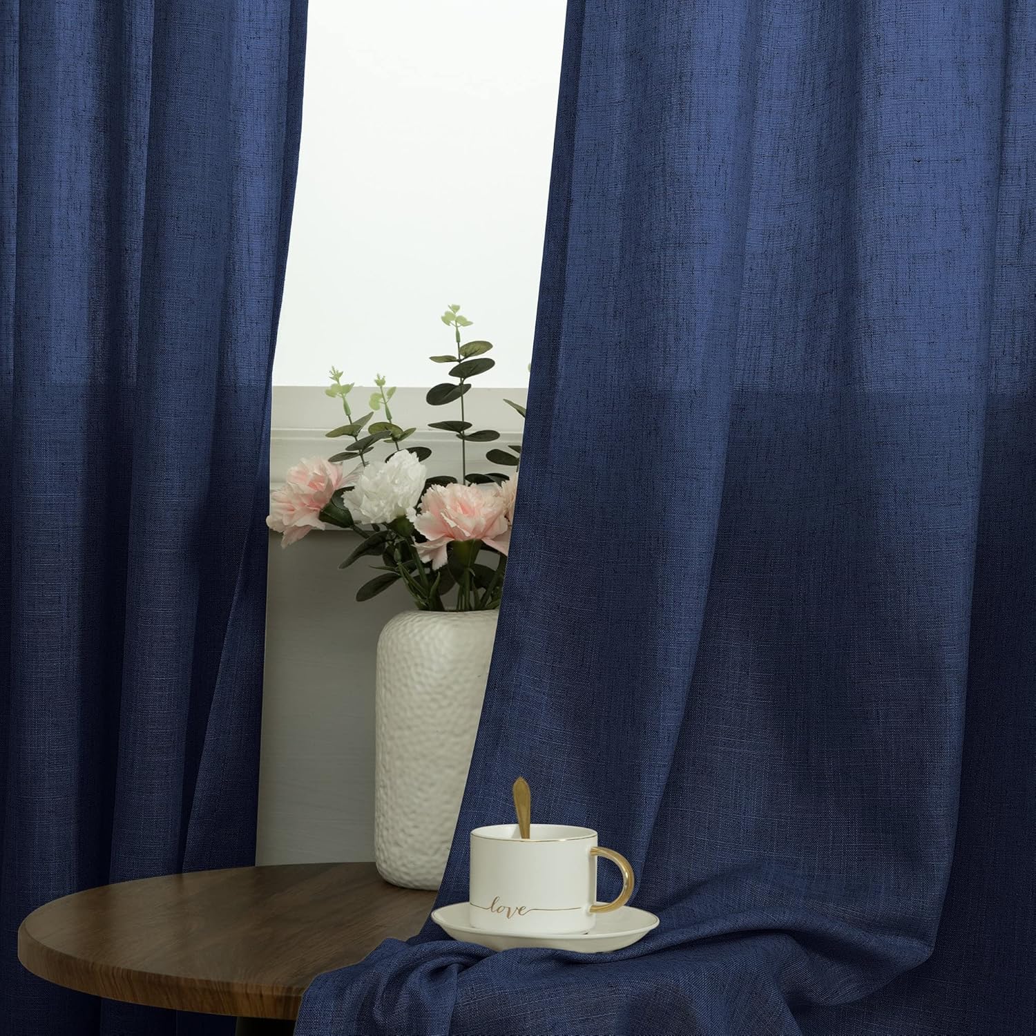 Pitalk Navy Blue Curtains 84 Inch Length for Living Room 2 Panels Set Window Treatments Semi Sheer Linen Cotton Textured Light Filtering Grommet Boho Curtain for Bedroom 52x84 Inches Long Dark Blue