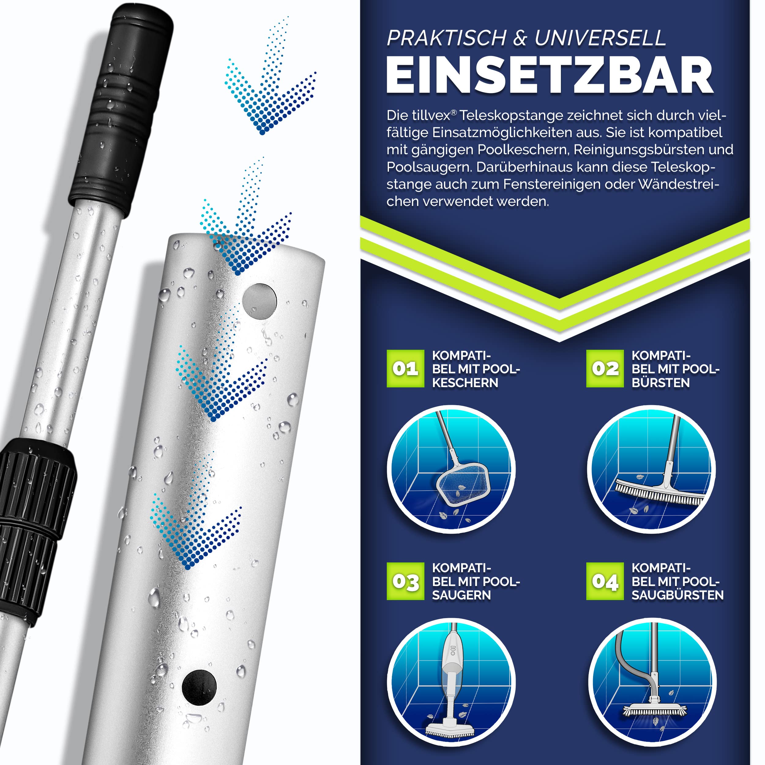 tillvex Drążek teleskopowy do basenu, 1,20-3,60 m, aluminiowy drążek do czyszczenia basenu, 3-częściowy, czarny