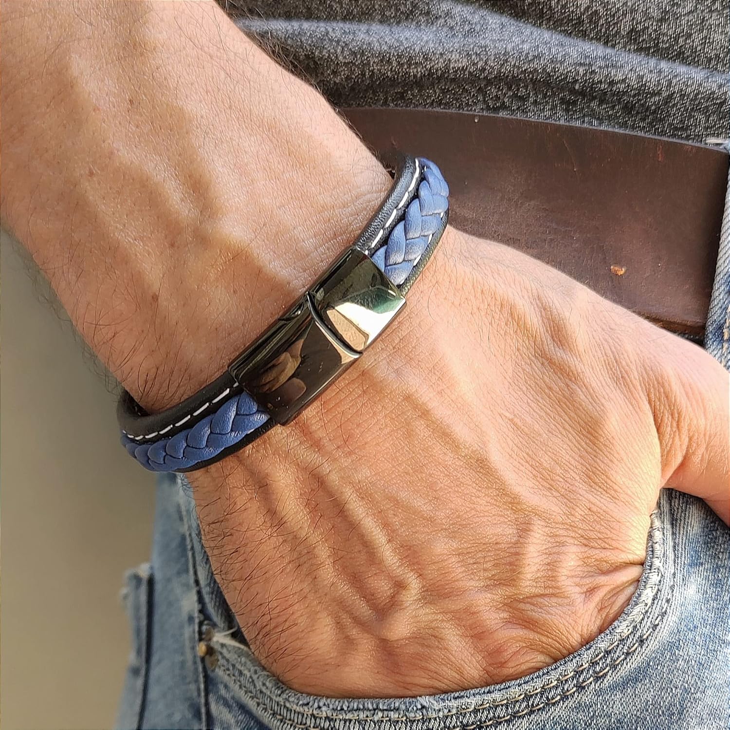 Leather Braided Bracelet with Stainless Steel Magnetic Clasp. Leather Wristband Leather Bangle Cuff Bracelet. BALOOLA for MEN. Handmade Jewelry - Image 3
