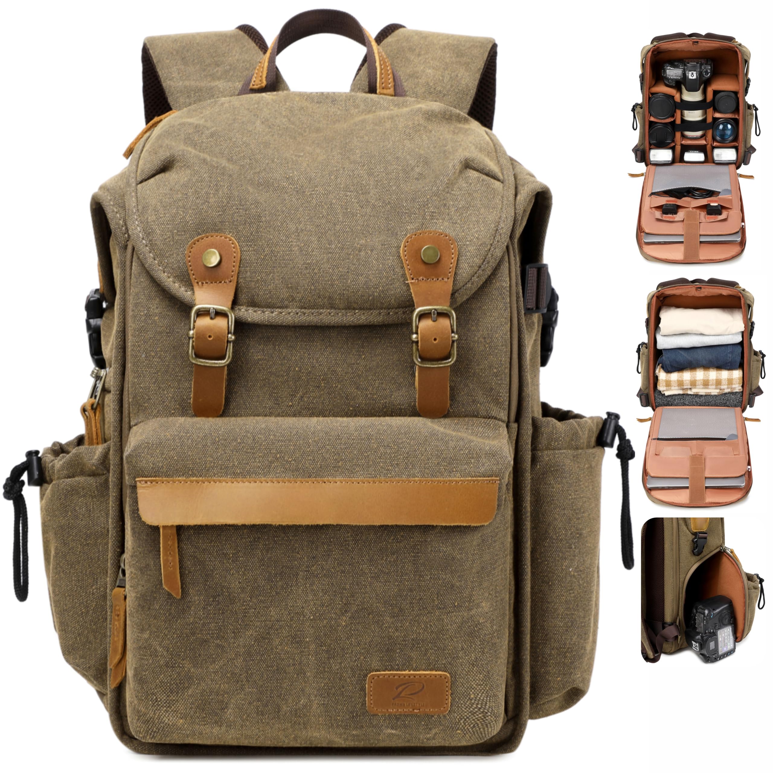 Padwa Lifestyle Khaki Camera Backpack - Professional DSLR &amp; UAV Camera Bag,Anti Theft Canvas Camera Backpacks with Rain Cover,Large Capacity Photography Travel Camera Bag with Multi Compartments