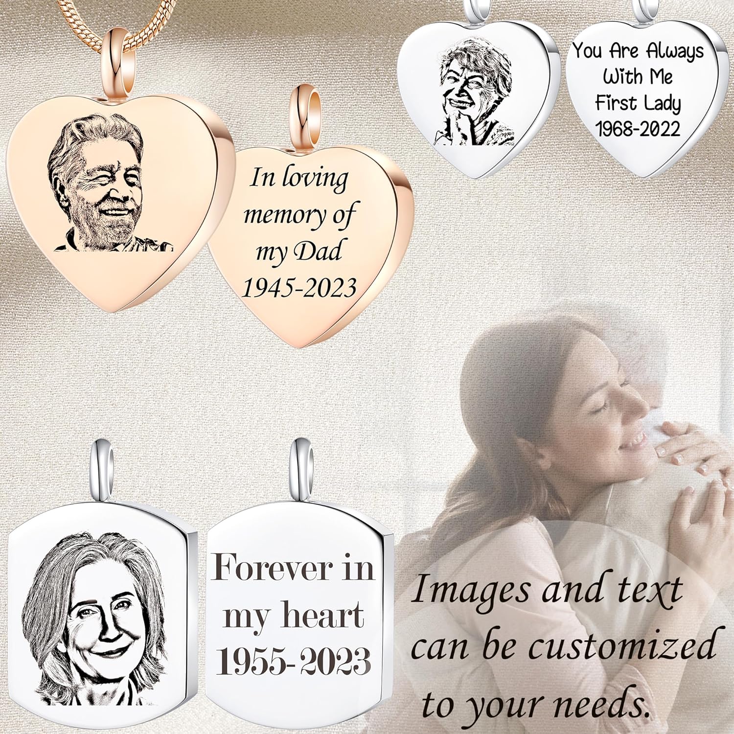 Fanery Sue Personalized Ashes Necklace for Women Men Custom Engraving Photo & Text Cremation Jewelry Urn Necklace for Ashes Memorial Keepsake for Loss Loved One
