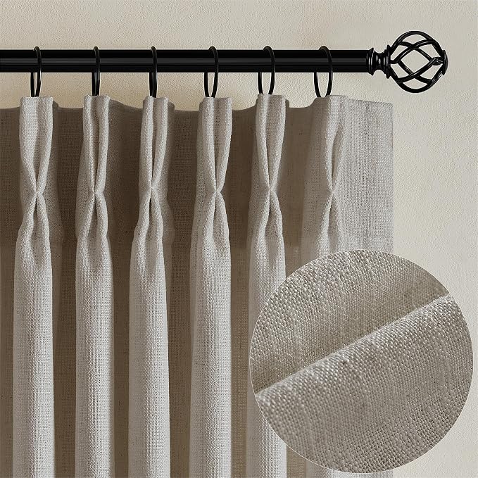 TWODRAPES Neutral Linen Pinch Pleated Curtains Long 2 Panels Living Room Bedroom Memory Training Shaped Semi Sheer Beige Oatmeal Pleat Drapes with Hooks Rings Light Filtering Window Curtain 40x84