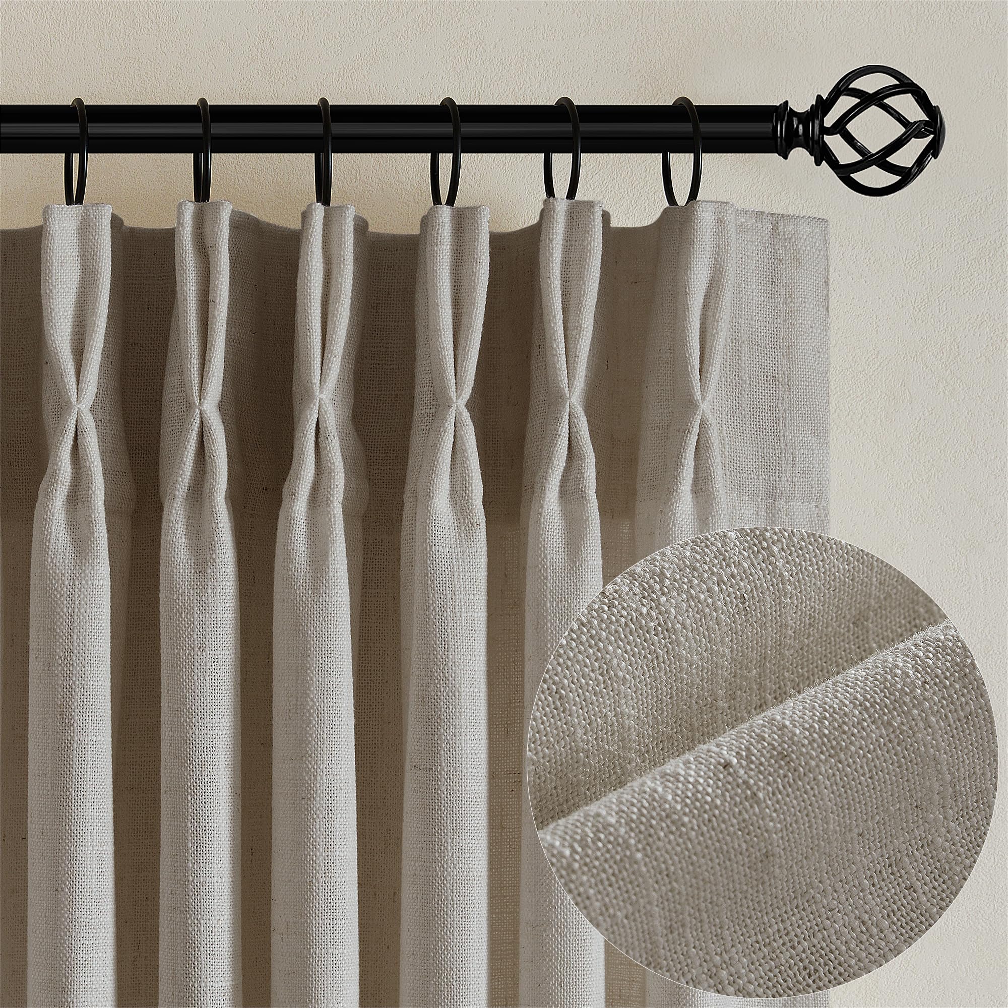 Flax Linen Curtains Pinch Pleated 84 Inch Length 2 Panels for Living Room Bedroom Burlywood Birch Semi Sheer Rustic Farmhouse Back Tab Pinch Pleat Hooks Rings Window Curtain 84 Inches Long Taupe