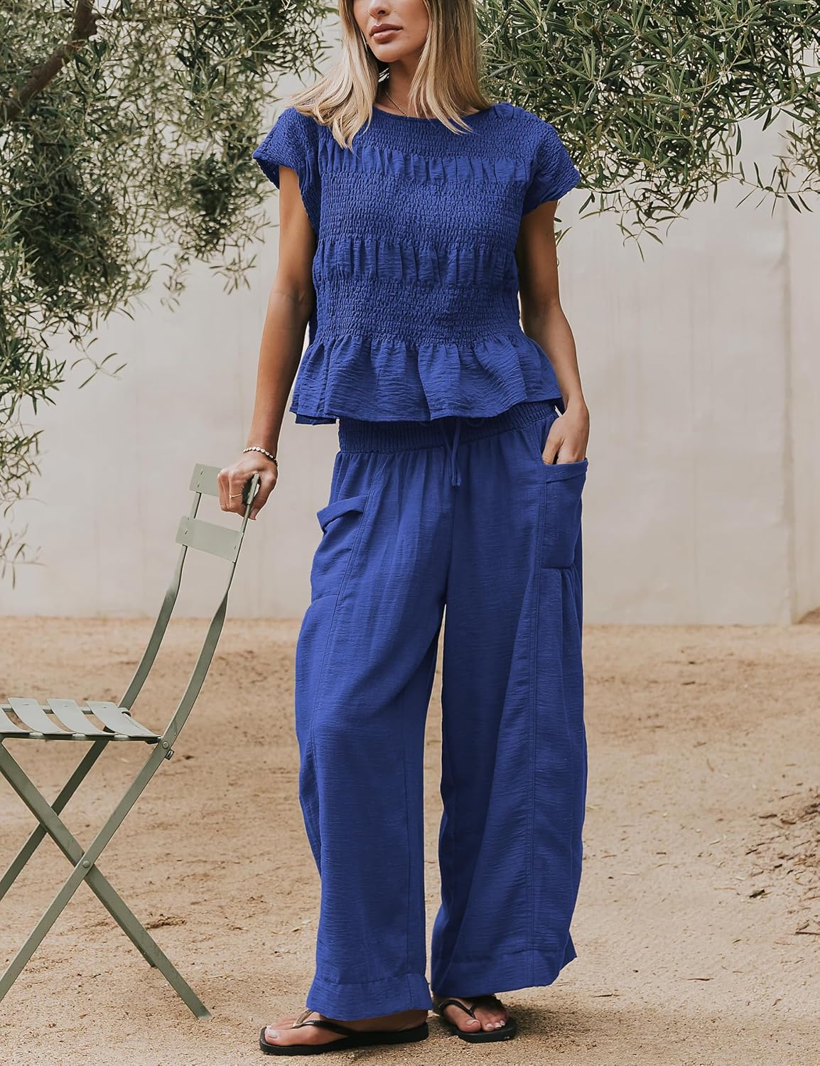 LTSCNRM Women Linen Blend 2 Piece Set High Waist Pocket Smocked Top Wide Leg Pants Boho Outfit Travel Vacation Lounge Wear