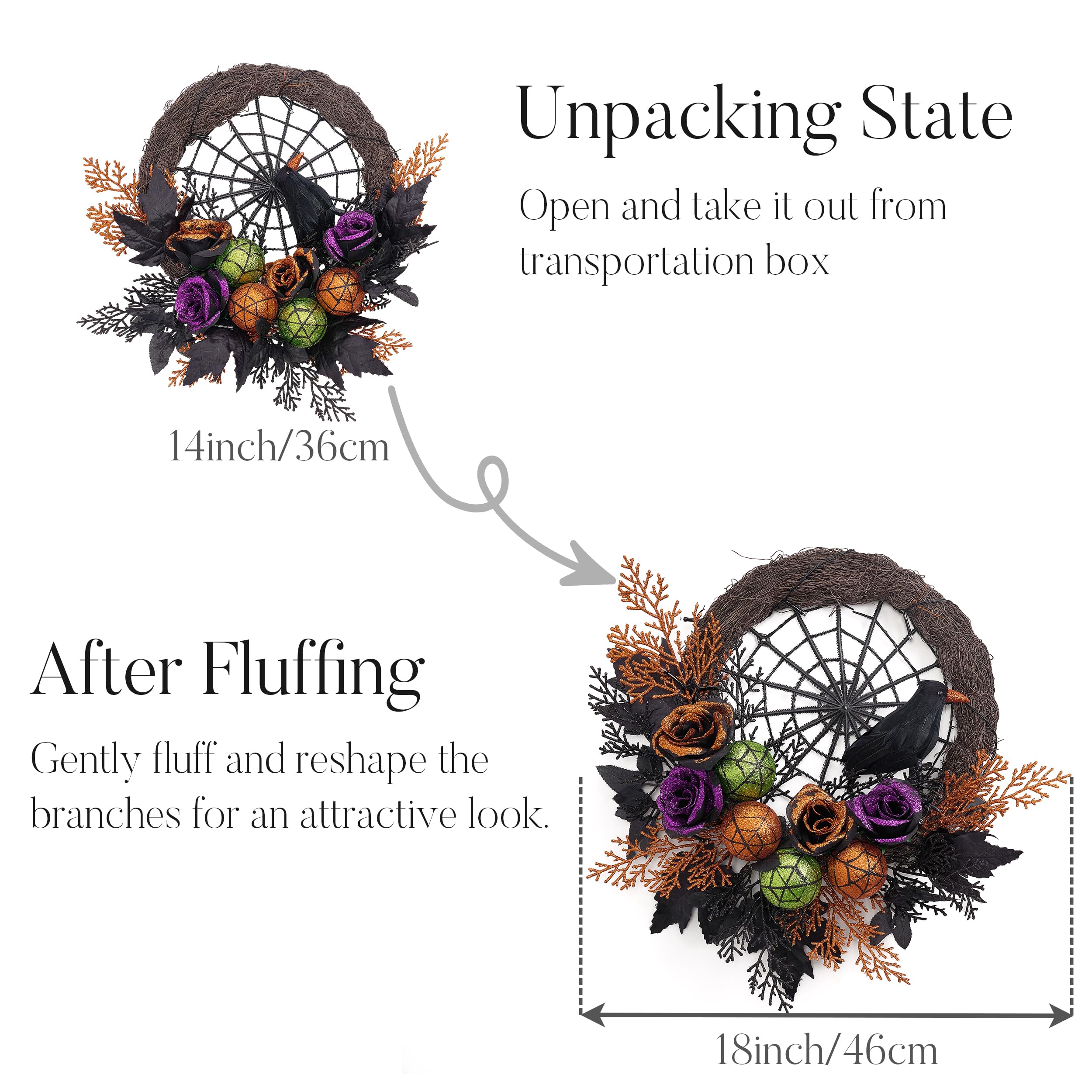 Valery Madelyn Corona de Halloween para puerta delantera con luces, 18 pulgadas, rosas preiluminadas, cuervo, telarañas, adornos de bolas, corona, decoraciones de Halloween para el hogar, centro de