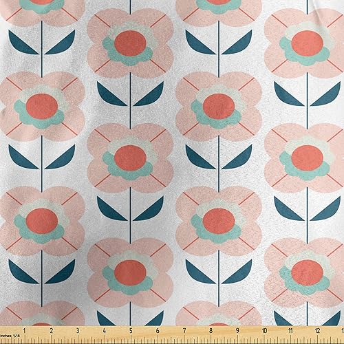 Ambesonne 1970s Fabric by The Yard, Pastel Colored Flowers in Retro Scandinavian Style Spring Blossom in Pale Pink Tones, Decorative Satin Fabric