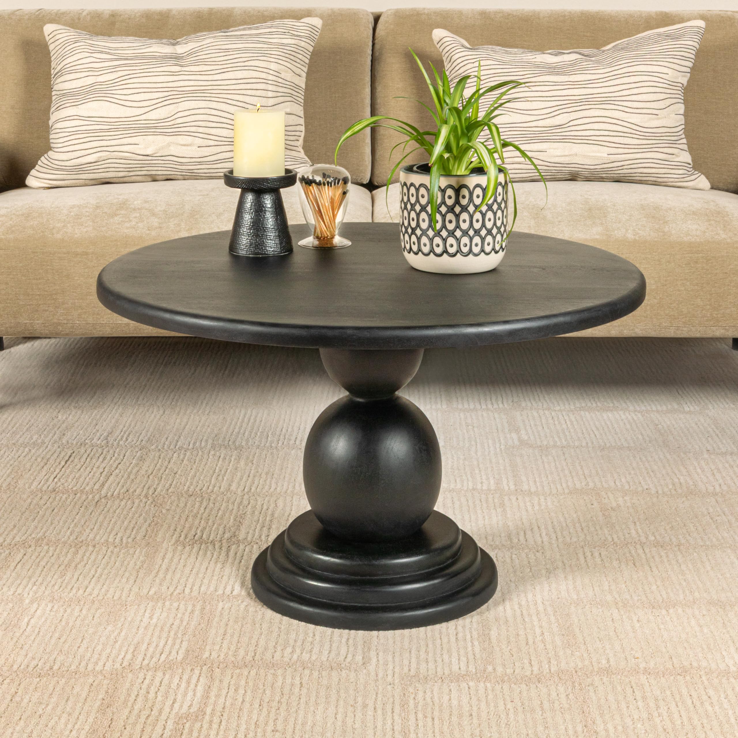 Creative Co-Op Round Mango Wood Bulbed Pedestal Coffee Table, Black