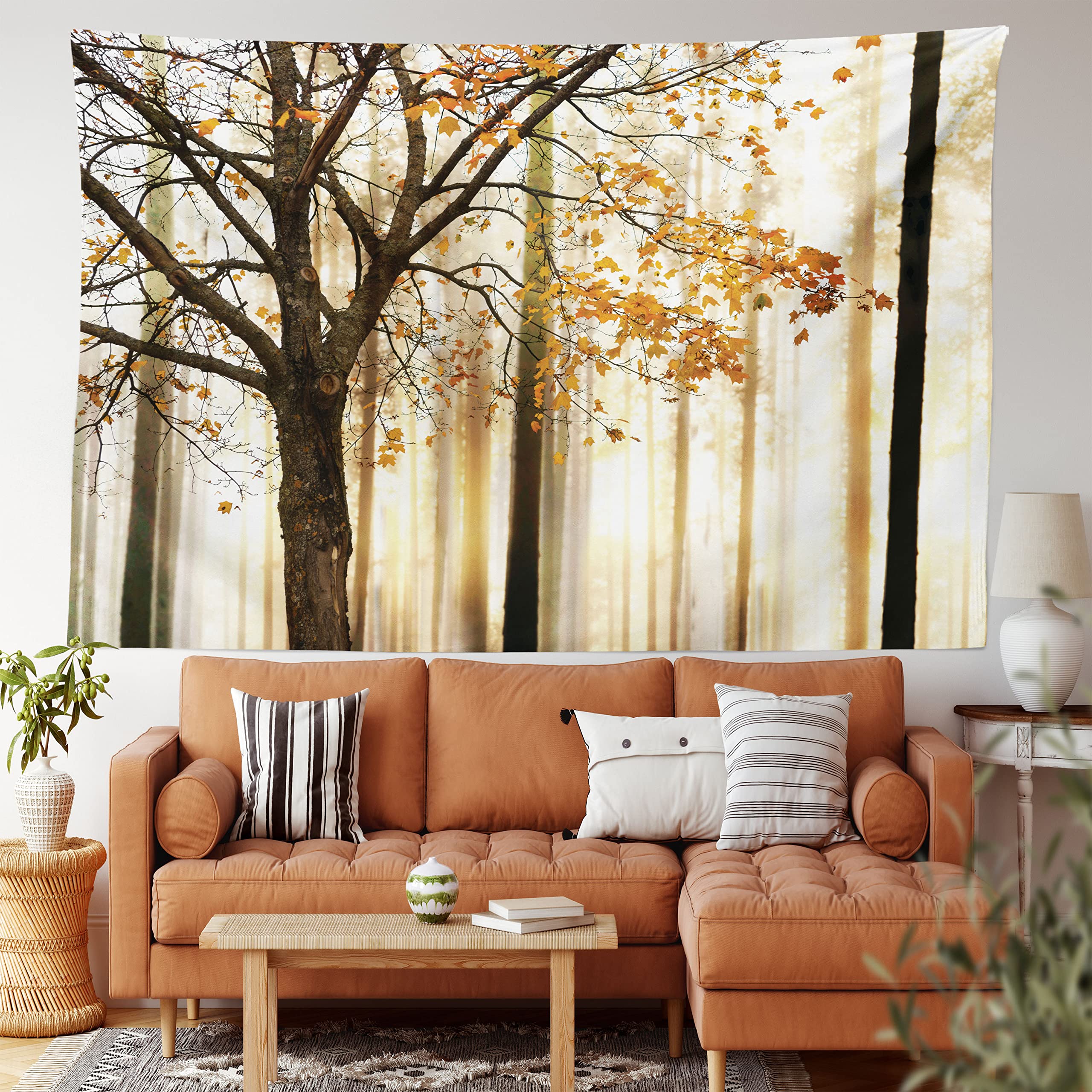 Ambesonne Autumn Tapestry King Size, Picture of a Lonely Tree Leaves on an Abstract Woodland Background Print, Wall Hanging Bedspread Bed Cover Wall Decor, King Size, Orange Brown