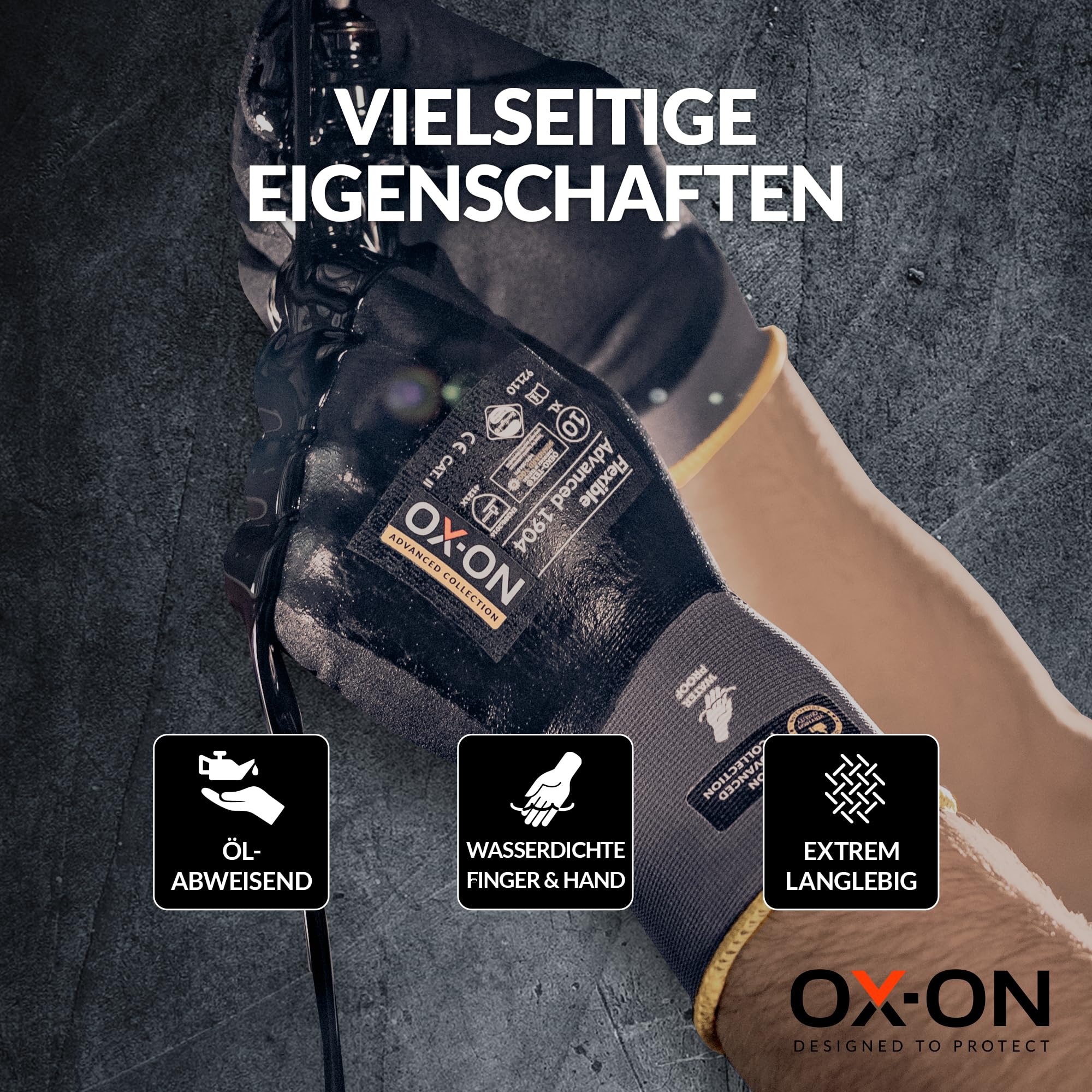 OX-ON FLEXIBLE ADVANCED 1904 Gants de travail en noir I 12 paires de gants de protection imperméables et oléophobes avec double revêtement I Poignée ferme et précise I Certification EN I Taille 11