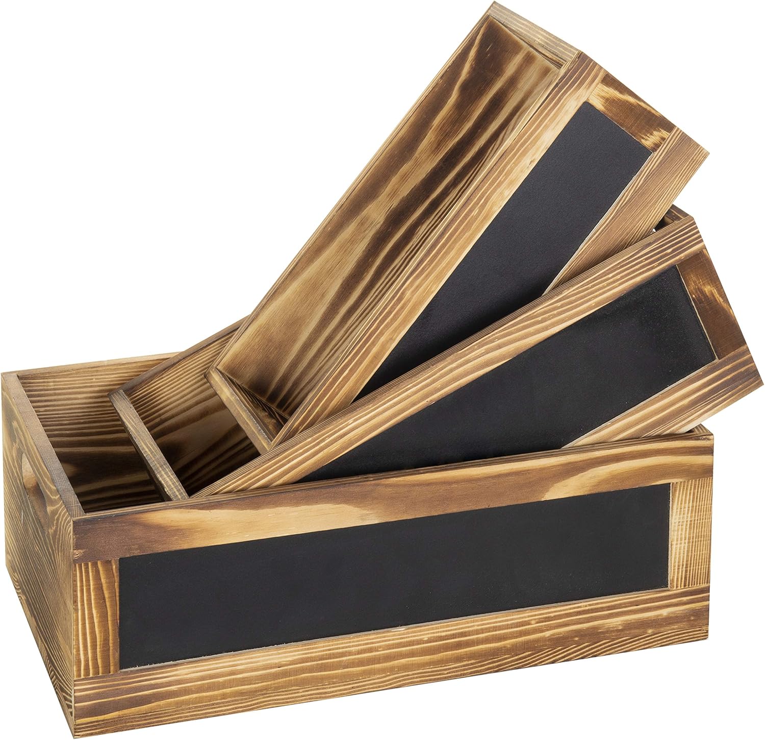 MyGift Rustic Burnt Wood Nesting Storage Bins with Chalkboard Panel and Cutout Handles, Decorative Farmhouse Wooden Stackable Open Top Boxes, 3 Piece Set