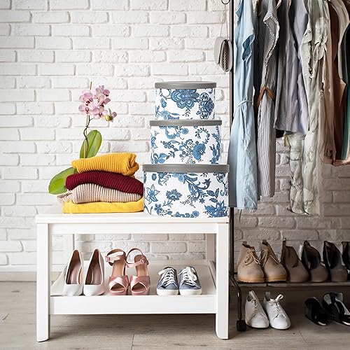 Miniatura 8 de Household Essentials Juego de 3 cajas de sombreros con tapas de piel sintética, patrón de desplazamiento