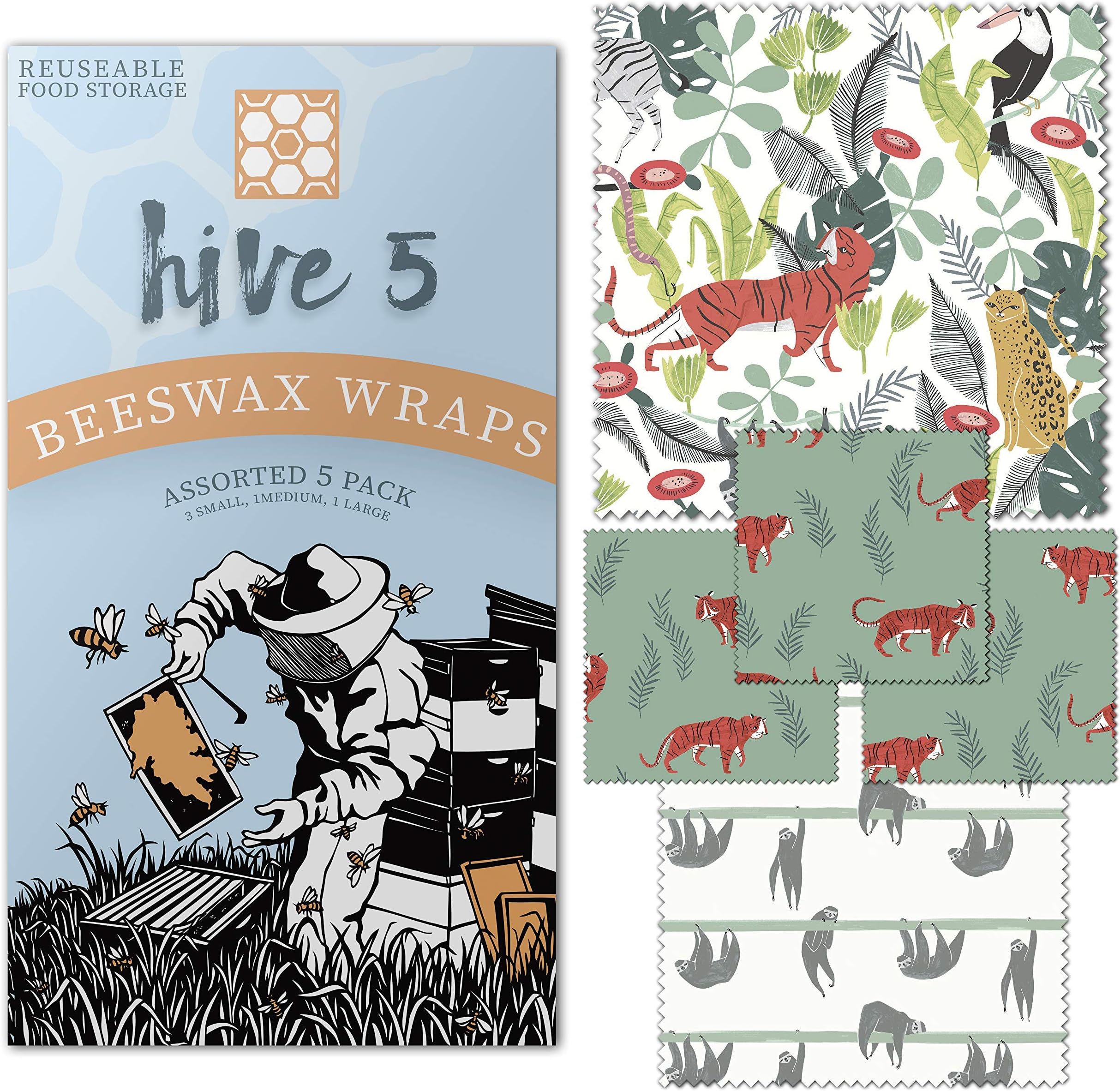 Hive 5 Beeswax Food Wrap - 5 Pack (3 Small, 1 Medium, 1 Large) - Sustainable, Zero Waste, Plastic Free Food Storage - Organic Beeswax Wrap, Eco Friendly Reusable Food Wrap