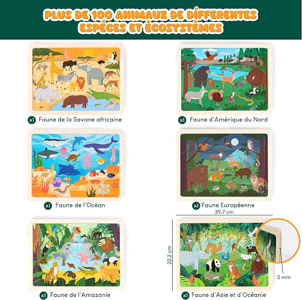 BONNYCO Puzzle Bois Enfant 6 Ensembles 24 Pcs, Animaux de Différents Écosystèmes. Puzzle 3-8 Ans avec Plateau, Jouet Educatif. Cadeau Garcon et Fille, Anniversaire, Noël - 2