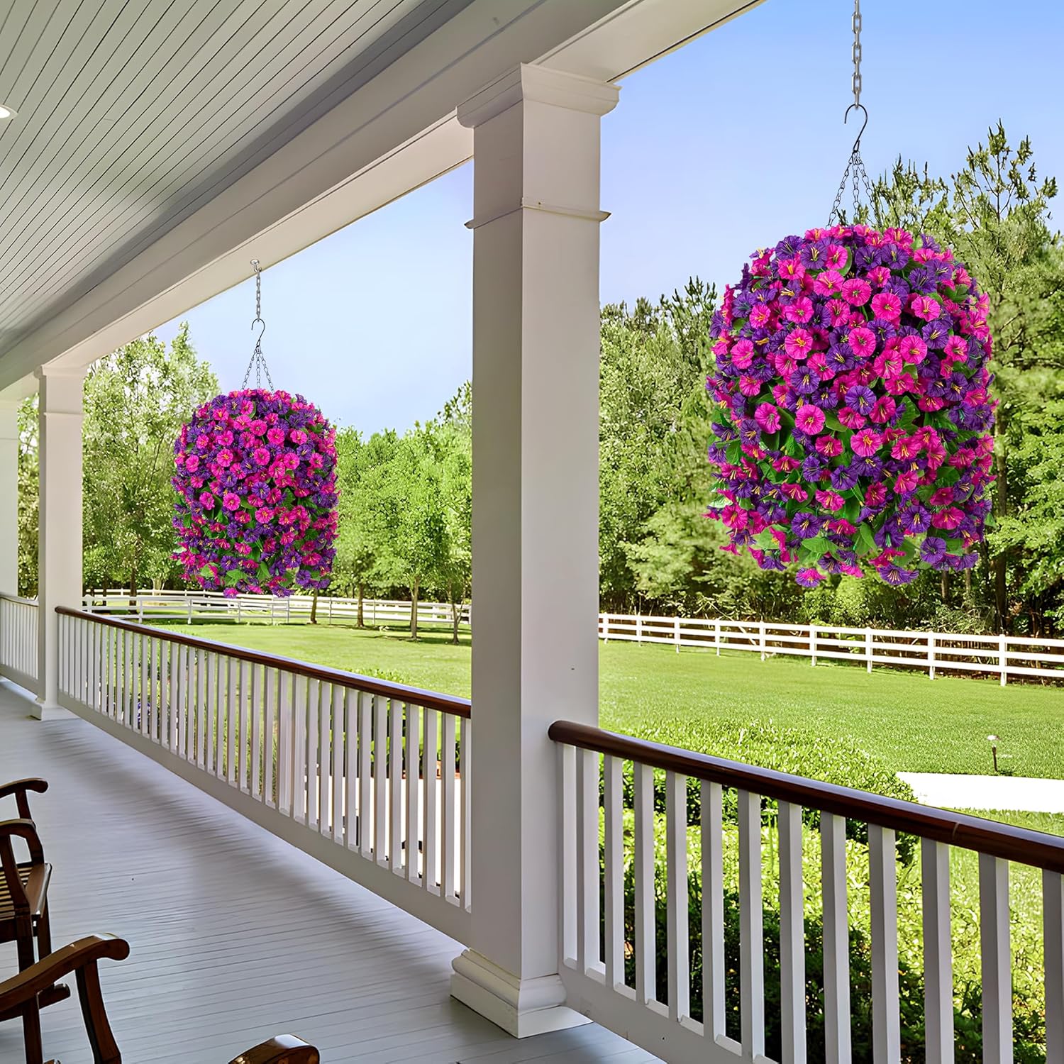 Artificial Fake Hanging Flowers Basket for Spring Decor, Faux Silk Flower in Planter for Summer, Outdoor Artificial Floral for Home Porch Yard(Purple-red Deep Purple)