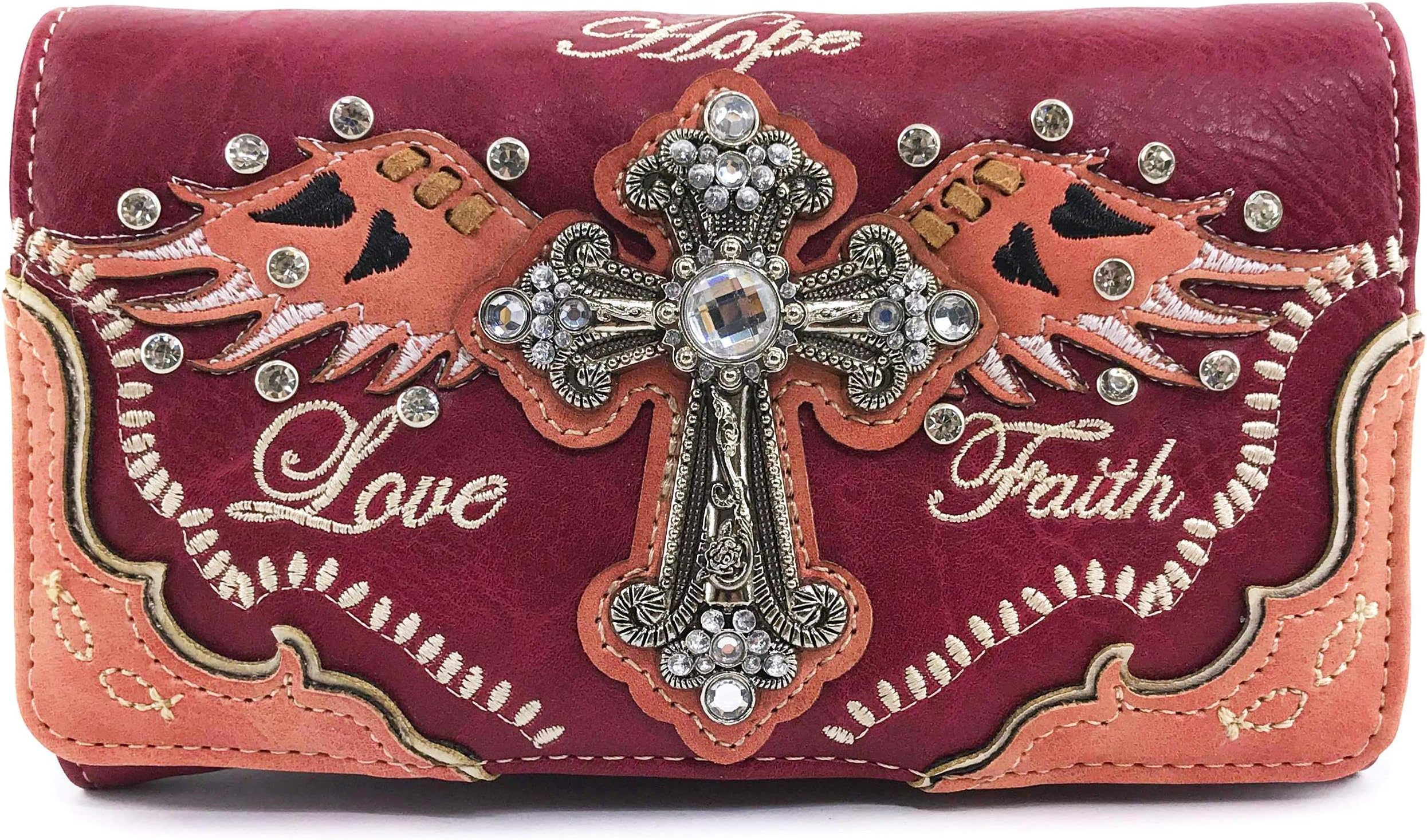 Faith Love Hope Cross Angel Wing Bible Women Crossbody Trifold Wallet (Coral Red)