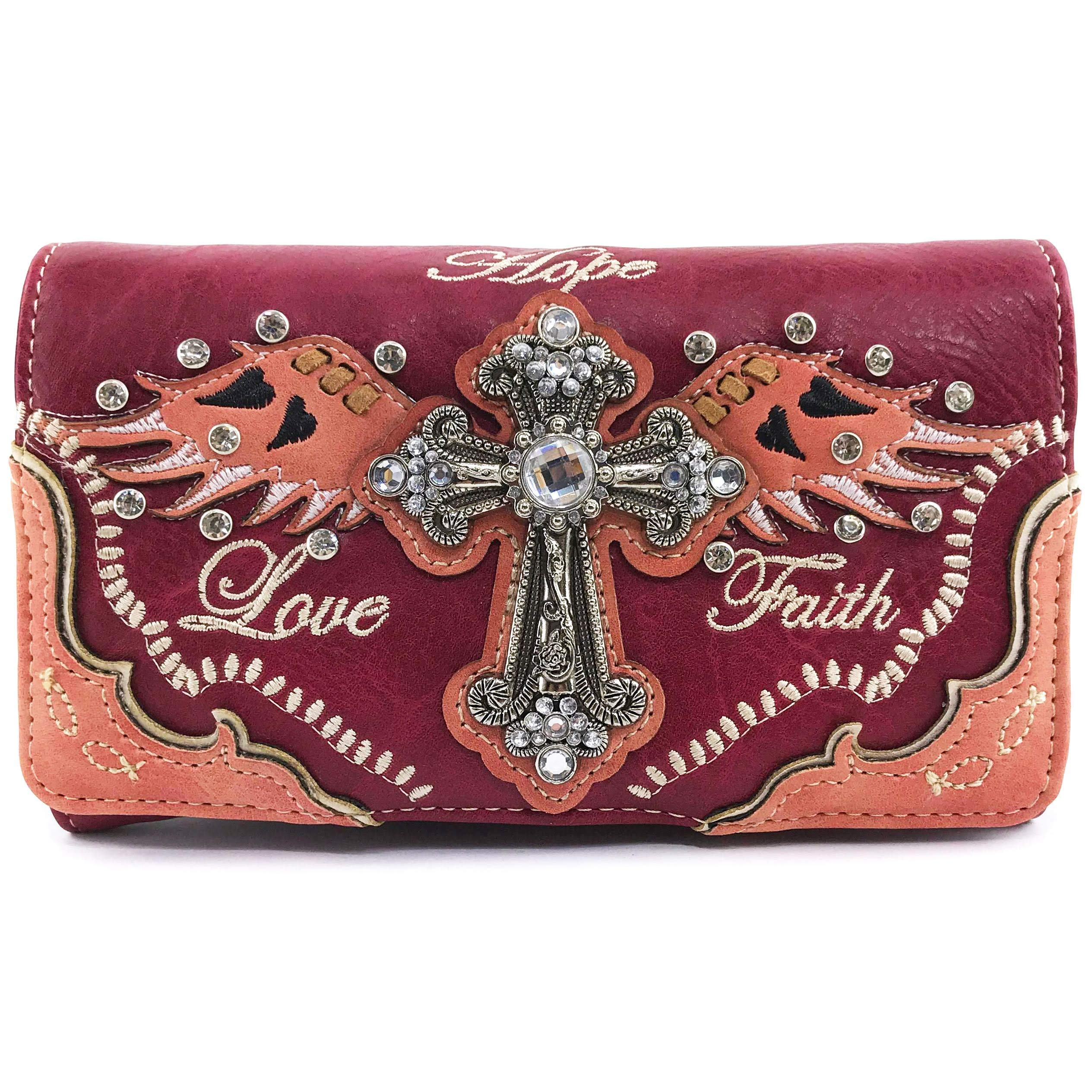 ZelrisFaith Love Hope Cross Angel Wing Bible Women Crossbody Trifold Wallet (Coral Red)